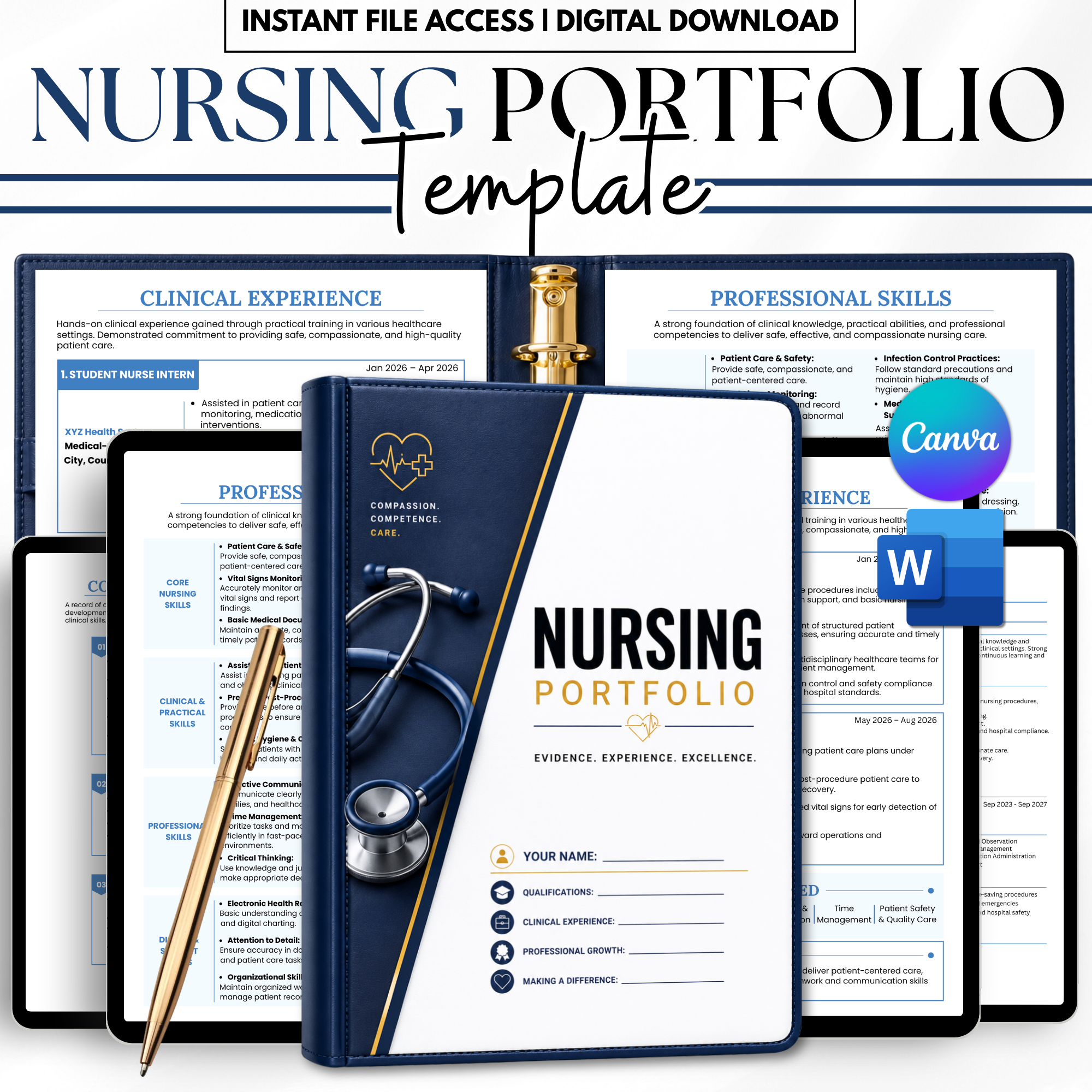 Nursing Portfolio Template, Nursing Student Resume Cover Letter Editable, Printable Nurse Binder Canva Word Instant Download