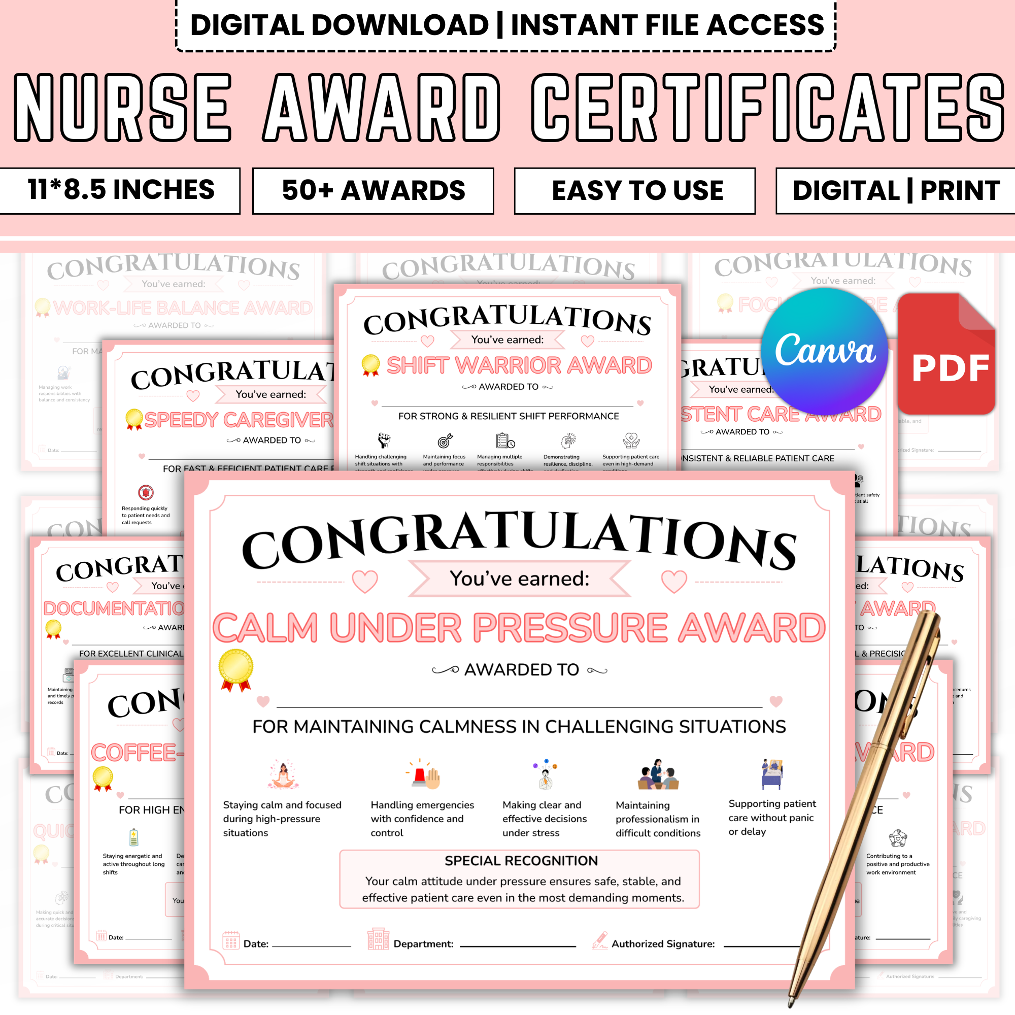 Nurse Award Certificates PDF | Printable Nursing Staff Awards | Nurse Appreciation Certificates | Editable Template Download