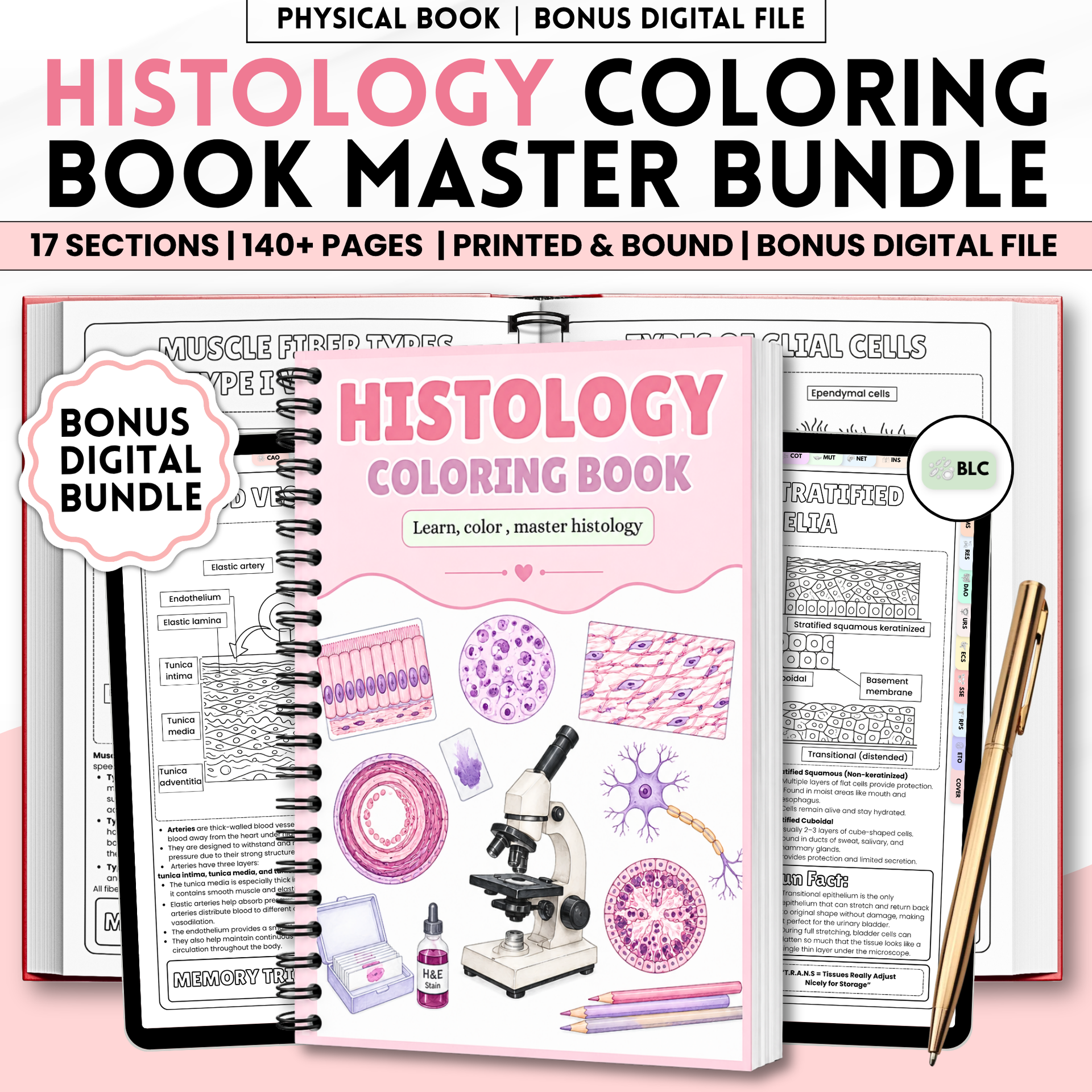 Nursing Student Histology Coloring Book Spiral Bound, Anatomy Study Guide, Medical School Tissue Cell Physical Workbook Gift
