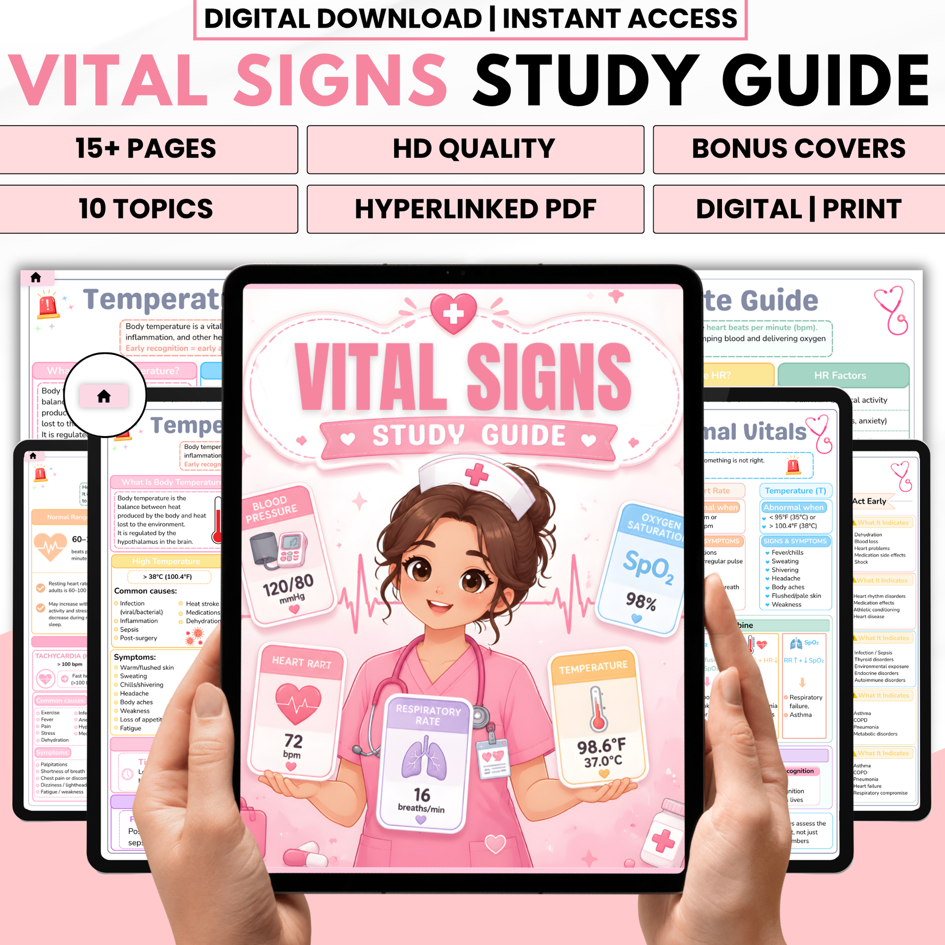 Vital Signs Study Guide Printable, Nursing Student Reference Chart, Normal Vital Signs Ranges, Nurse Cheat Sheet, Digital Download PDF