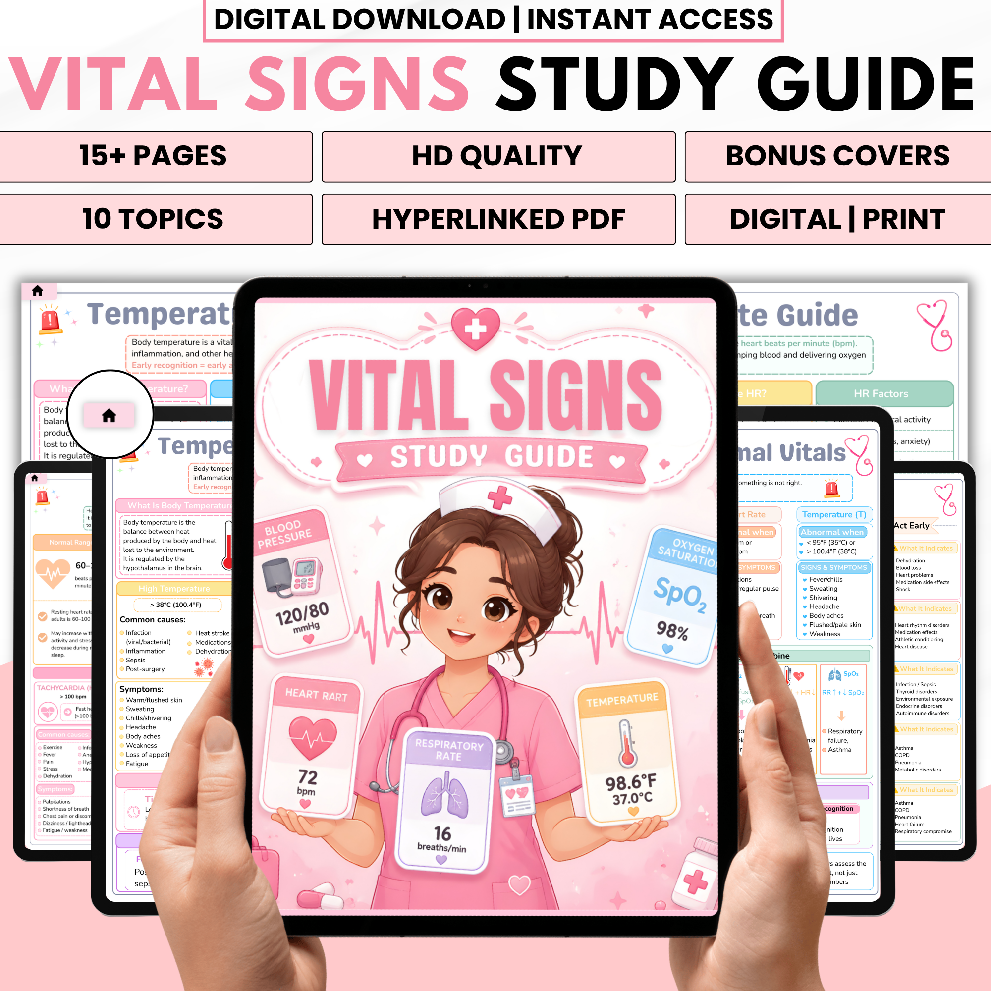 Vital Signs Study Guide Printable, Nursing Student Reference Chart, Normal Vital Signs Ranges, Nurse Cheat Sheet, Digital Download PDF