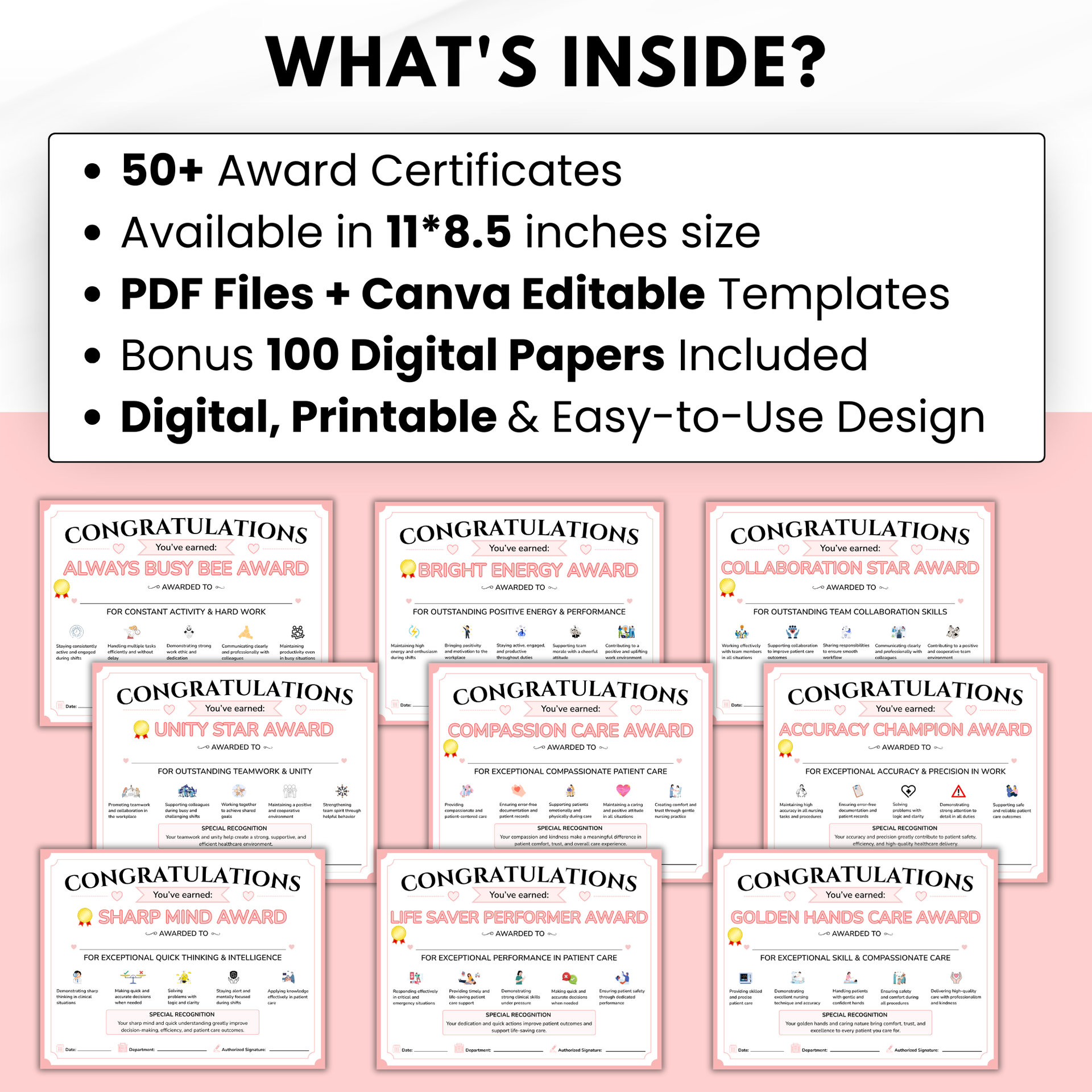 Nurse Award Certificates PDF | Printable Nursing Staff Awards | Nurse Appreciation Certificates | Editable Template Download