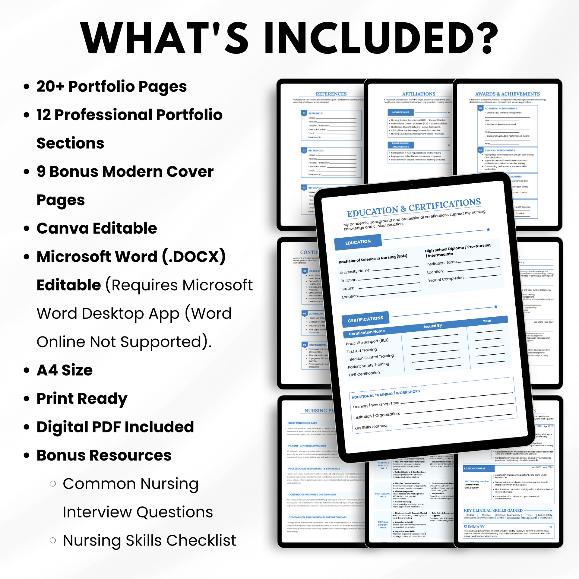 Nursing Portfolio Template, Nursing Student Resume Cover Letter Editable, Printable Nurse Binder Canva Word Instant Download