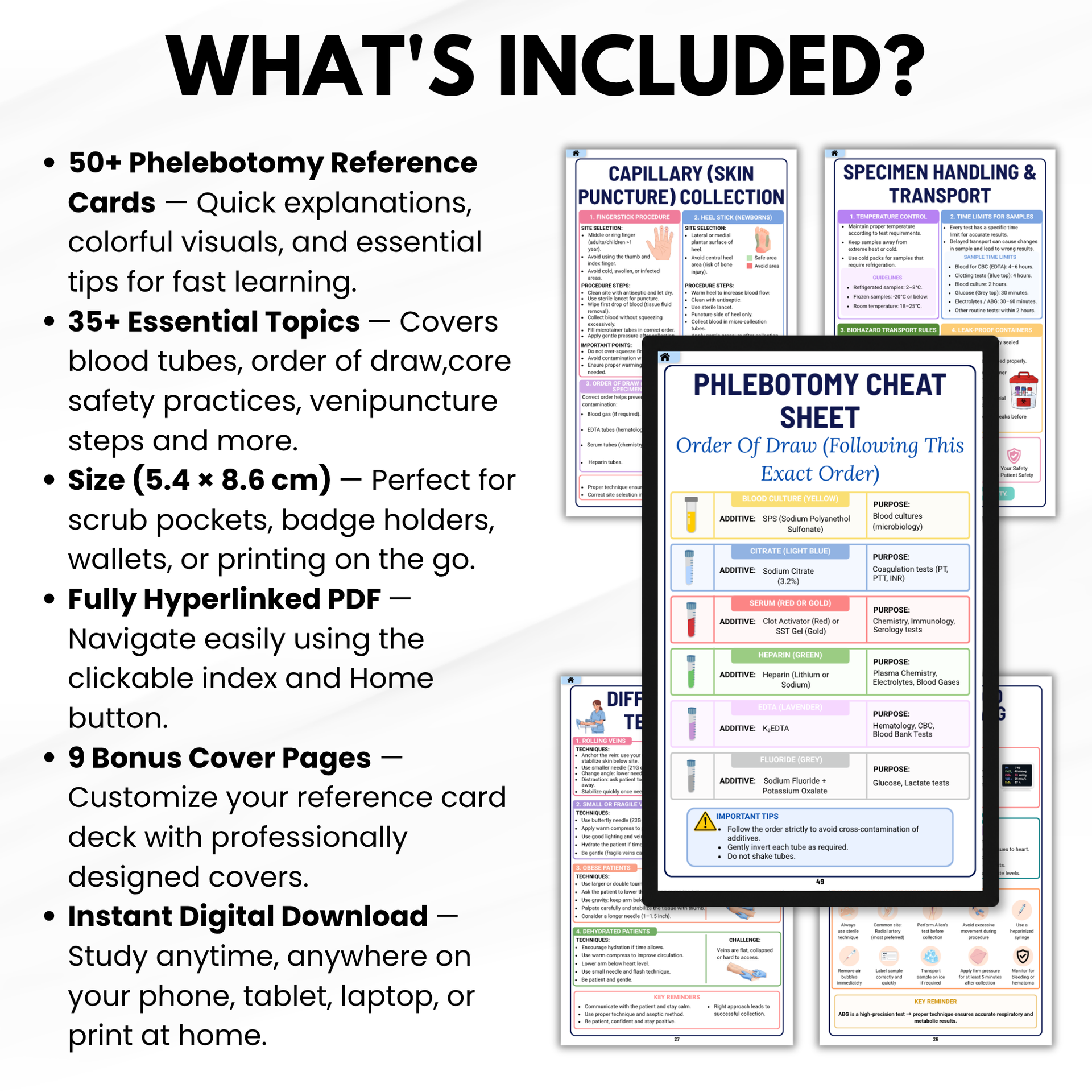 Phlebotomy Reference Cards, Nursing School Exam Study Guide, Order of Draw Chart, Digital Download
