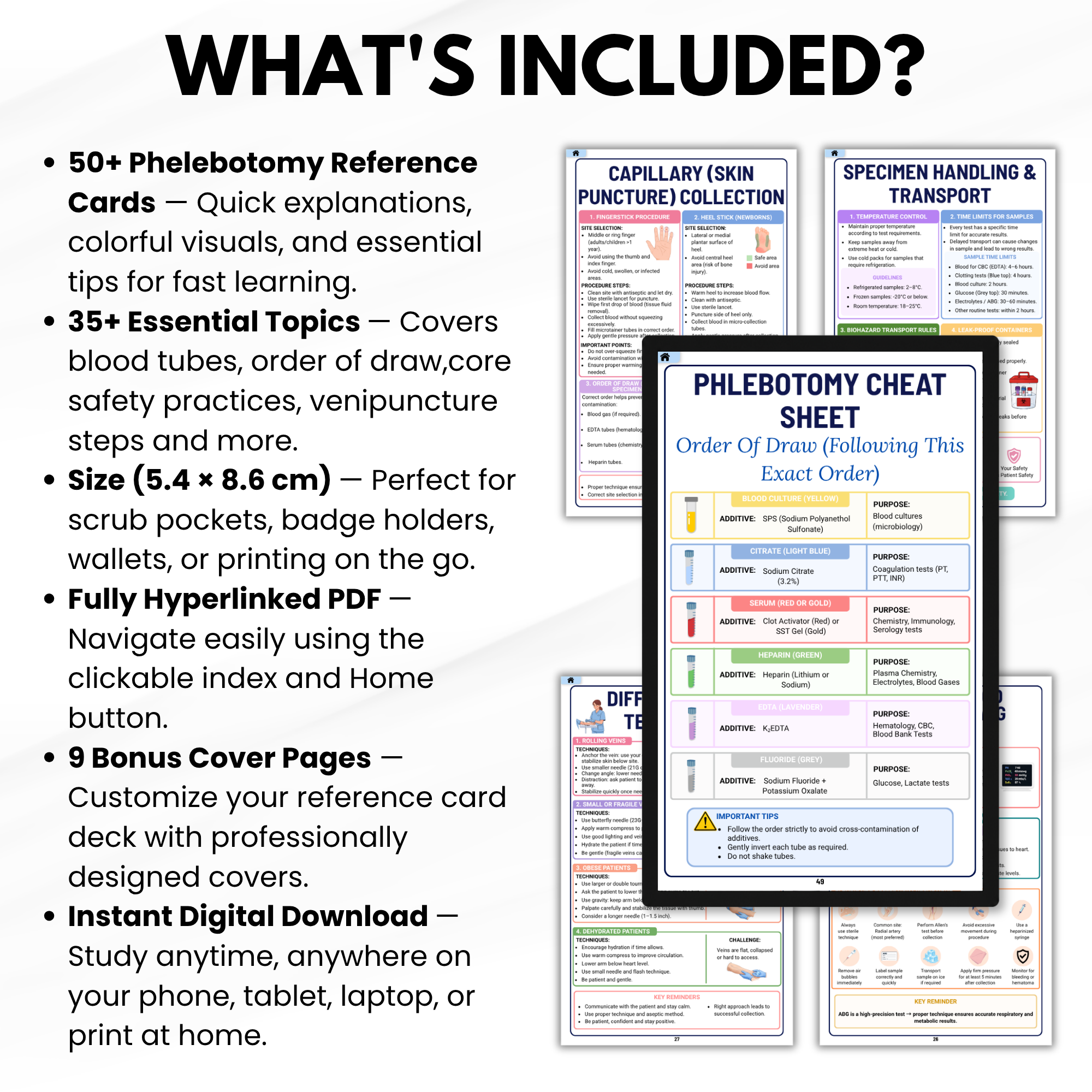 Phlebotomy Reference Cards, Nursing School Exam Study Guide, Order of Draw Chart, Digital Download