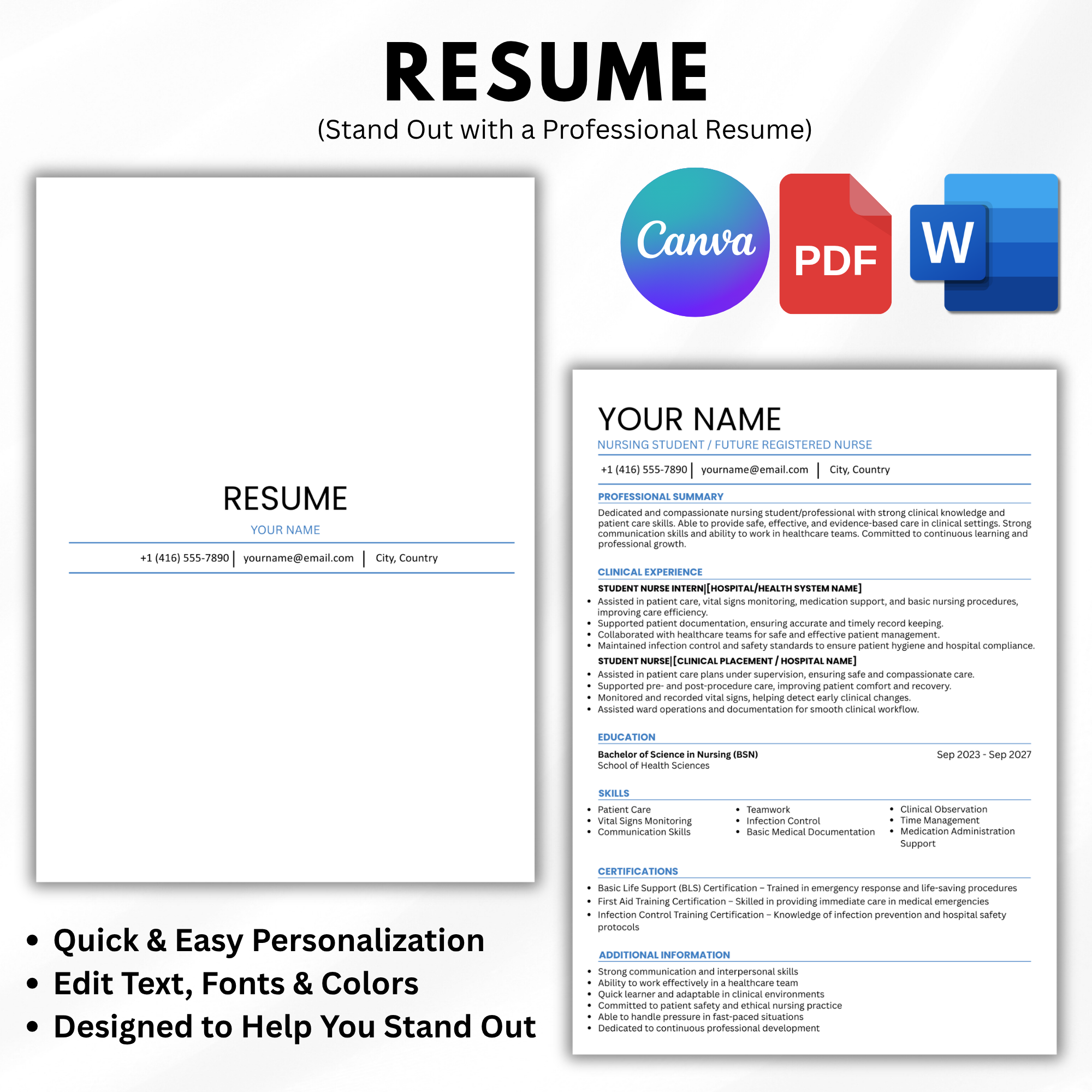 Nursing Portfolio Template, Nursing Student Resume Cover Letter Editable, Printable Nurse Binder Canva Word Instant Download