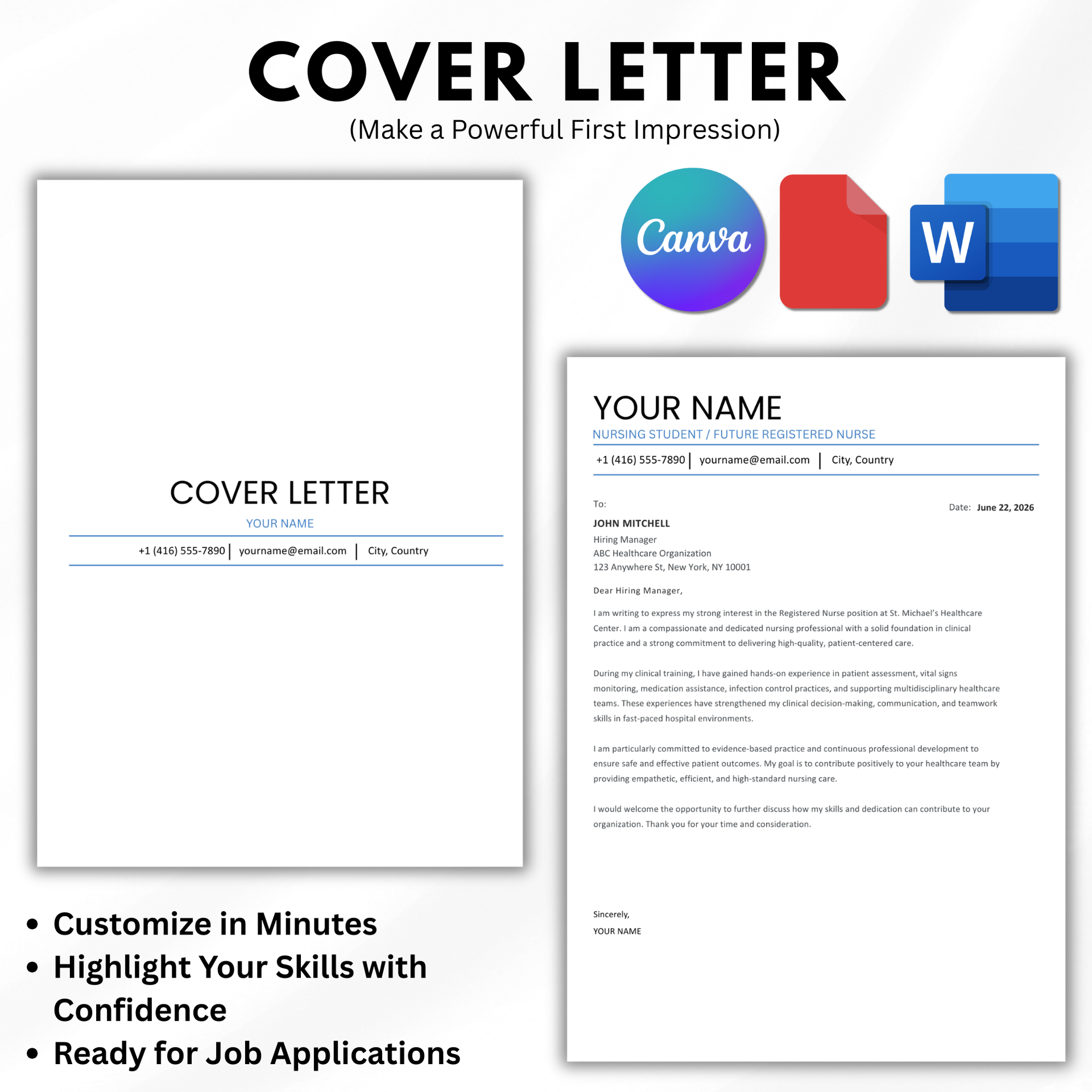 Nursing Portfolio Template, Nursing Student Resume Cover Letter Editable, Printable Nurse Binder Canva Word Instant Download