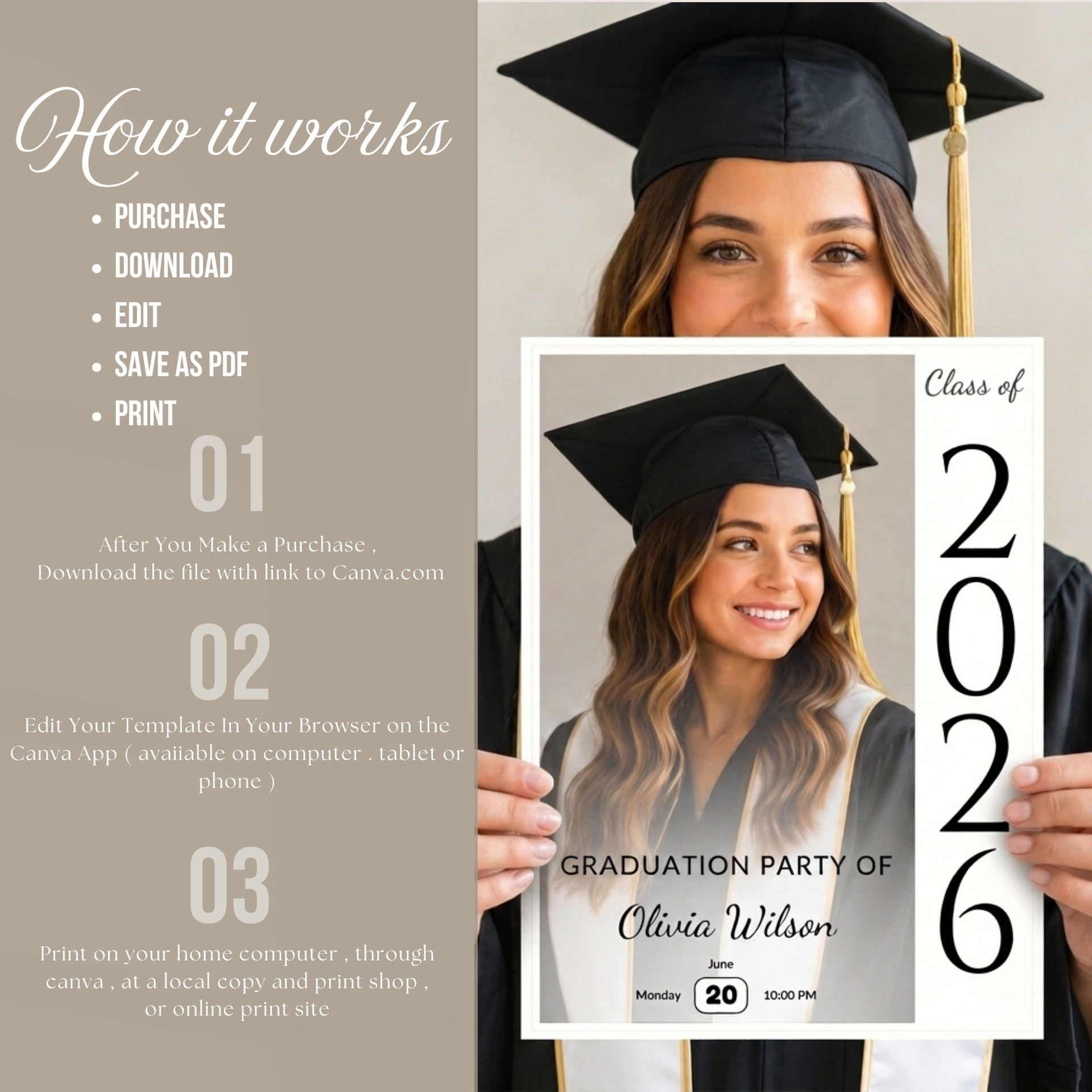 Graduation Party Invitation Template, Photo Invite, Editable in Canva, Instant Download, Print at Home in Minutes