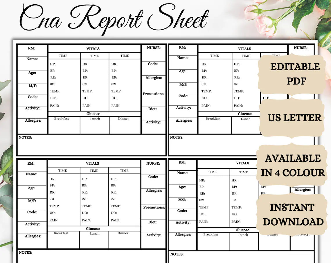 CNA Flow Sheet – Vitals Log & Shift Report Template (Editable PDF)