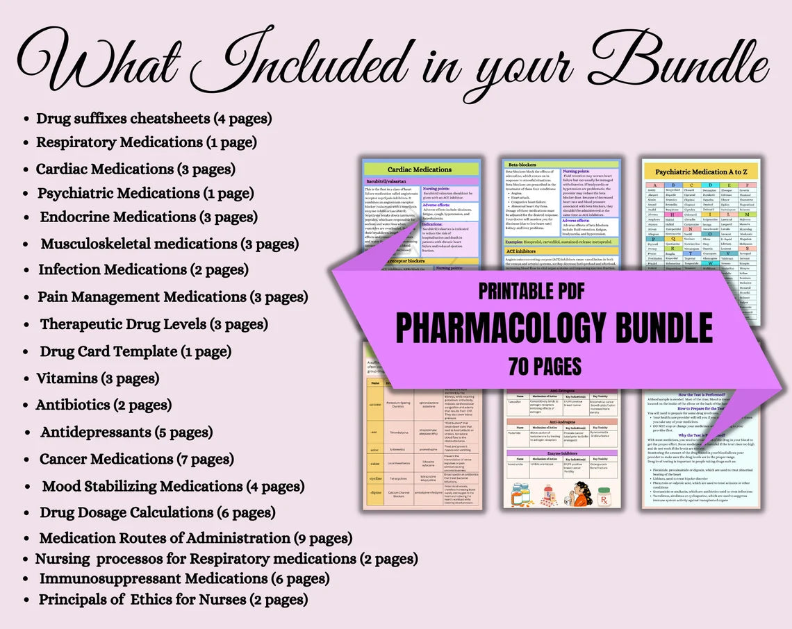 Pharmacology Bundle | Nursing School Notes | Pharmacology Notes Printable 70 pages | Nurse Report Sheet | Medication Guide