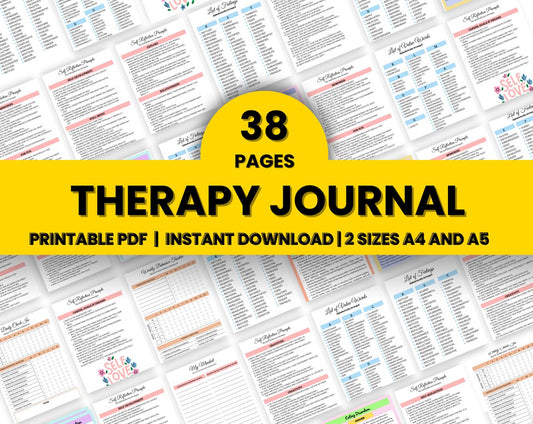 Therapy Journal | Therapy Worksheet | Printable & Editable | Instant Download | Therapy Notes | DBT Journal | 38 Pages and 10 colours