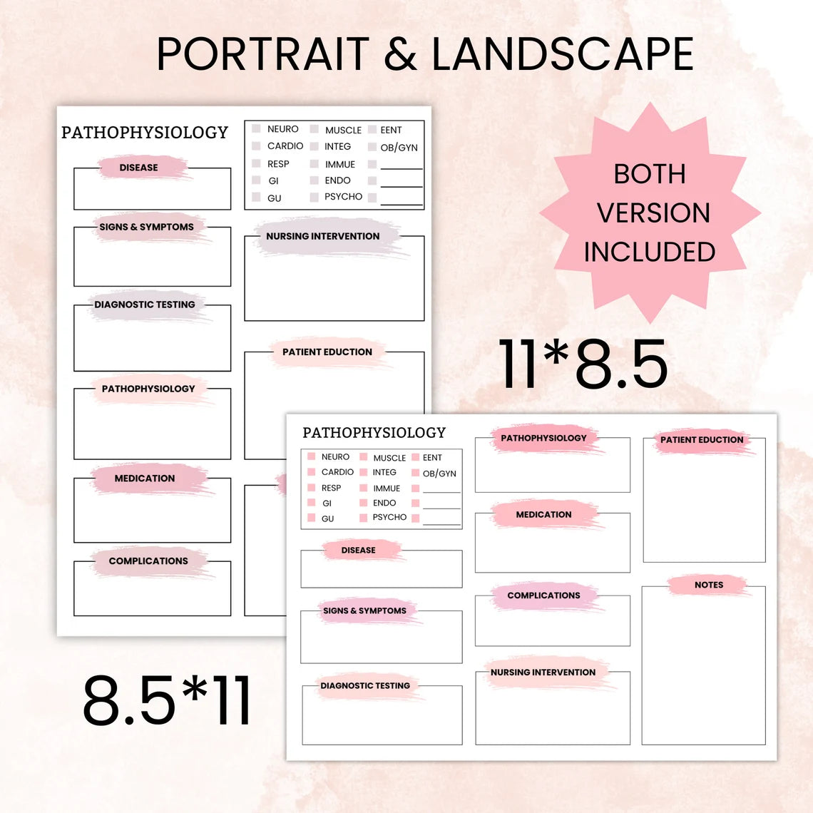 Pathophysiology Template Bundle 100+pages | Free Medical Stickers | Pathophysiology Nurse Study | Portrait & Landscape | Nursing Study Guide