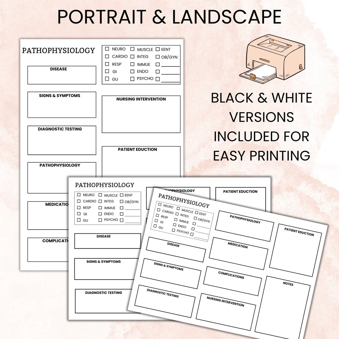 Pathophysiology Template Bundle 100+pages | Free Medical Stickers | Pathophysiology Nurse Study | Portrait & Landscape | Nursing Study Guide