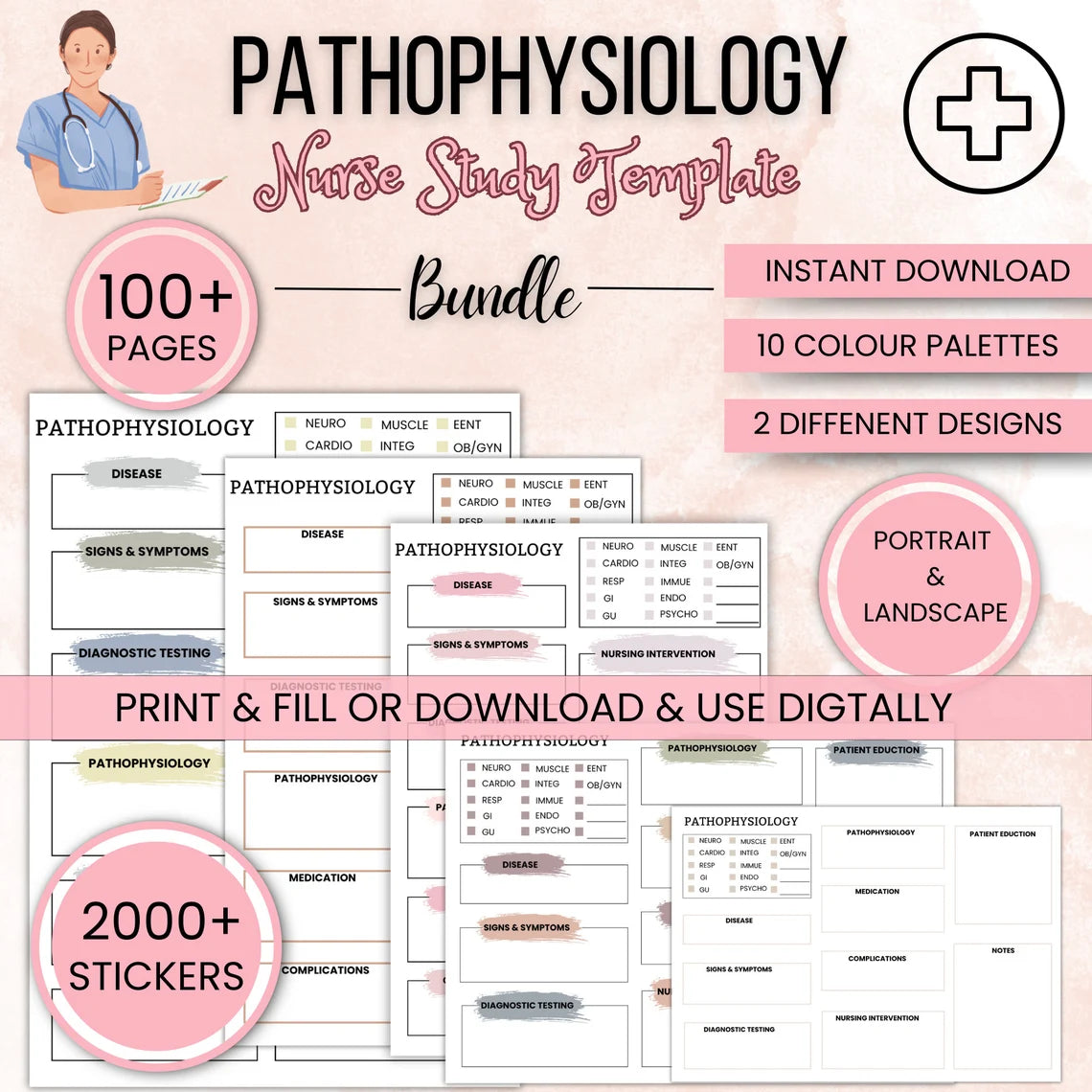 Pathophysiology Template Bundle 100+pages | Free Medical Stickers | Pathophysiology Nurse Study | Portrait & Landscape | Nursing Study Guide