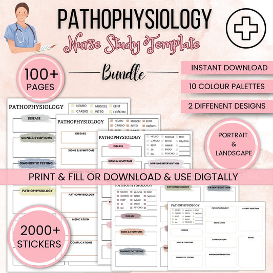 Pathophysiology Template Bundle 100+pages | Free Medical Stickers | Pathophysiology Nurse Study | Portrait & Landscape | Nursing Study Guide