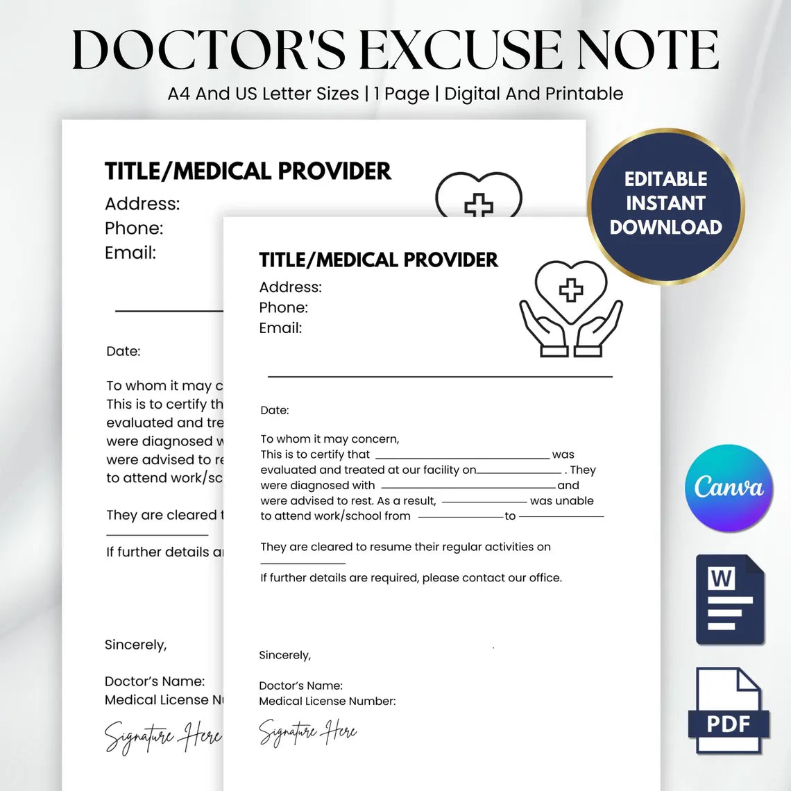 Editable Doctor's Excuse Letter, Excuse Note Template, Medical Excuse Note, Doctor's Excuse, A4 and US Letter Size, Instant Editable File