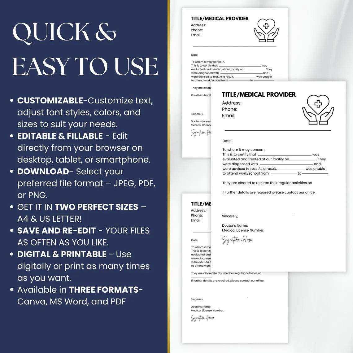 Editable Doctor's Excuse Letter, Excuse Note Template, Medical Excuse Note, Doctor's Excuse, A4 and US Letter Size, Instant Editable File