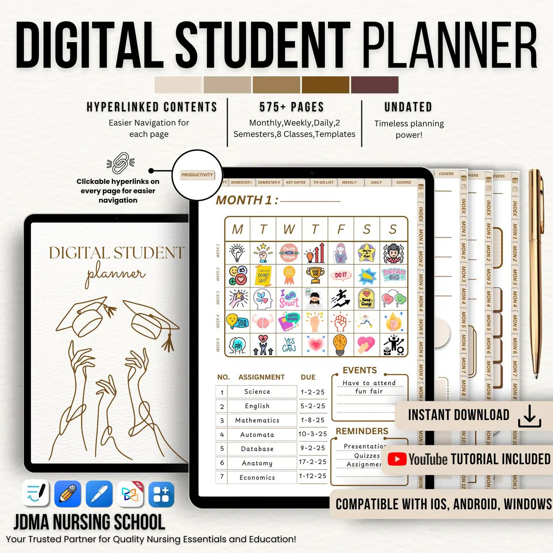 575+ Digital Student Planner Fully Hyperlinked, Planner Pages, Planner For Busy Students, Aesthetic Student Planner, Study Planner PDF