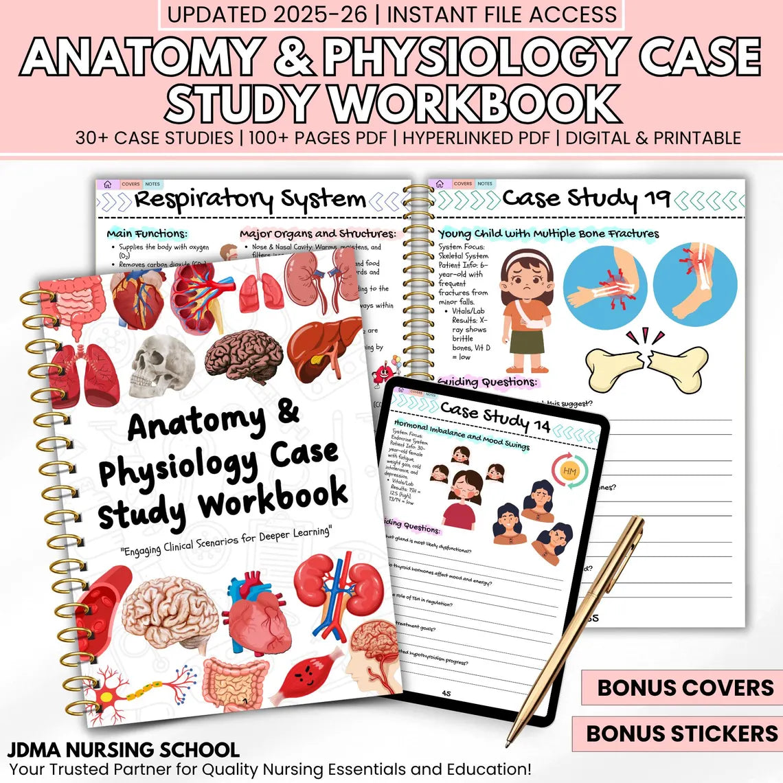 Anatomy & Physiology Case Study Workbook, 100+ Pages Medical Study Guide, 30+ Case Studies, Bonus Stickers Covers, Nursing Study Guide