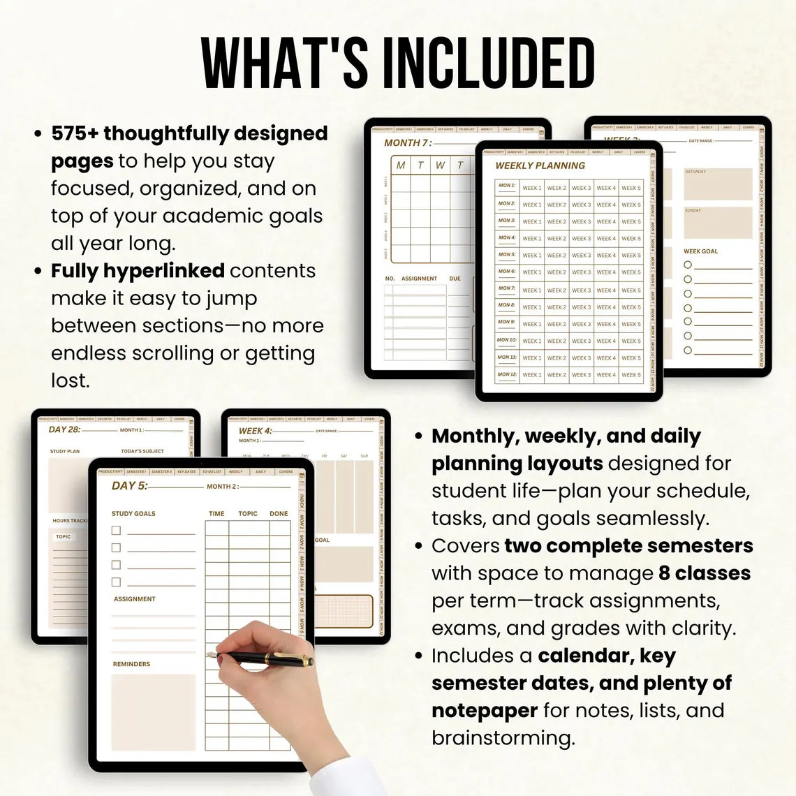 575+ Digital Student Planner Fully Hyperlinked, Planner Pages, Planner For Busy Students, Aesthetic Student Planner, Study Planner PDF