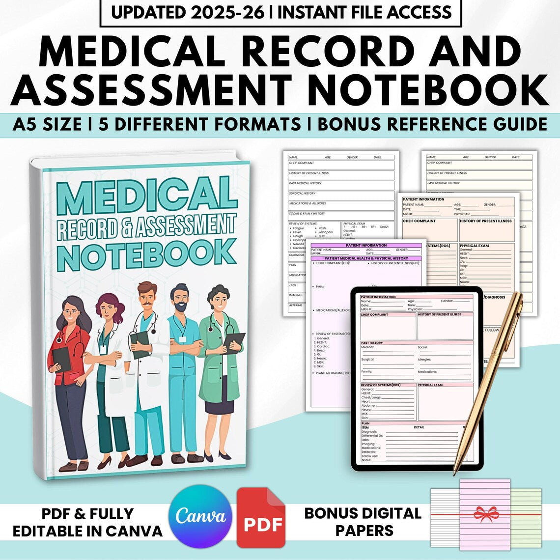 Medical H&P Notebook, 80+ Pages Bonus Digital Papers, History And Physical Notes, Med And Nursing Clinical Journal, Instant Download