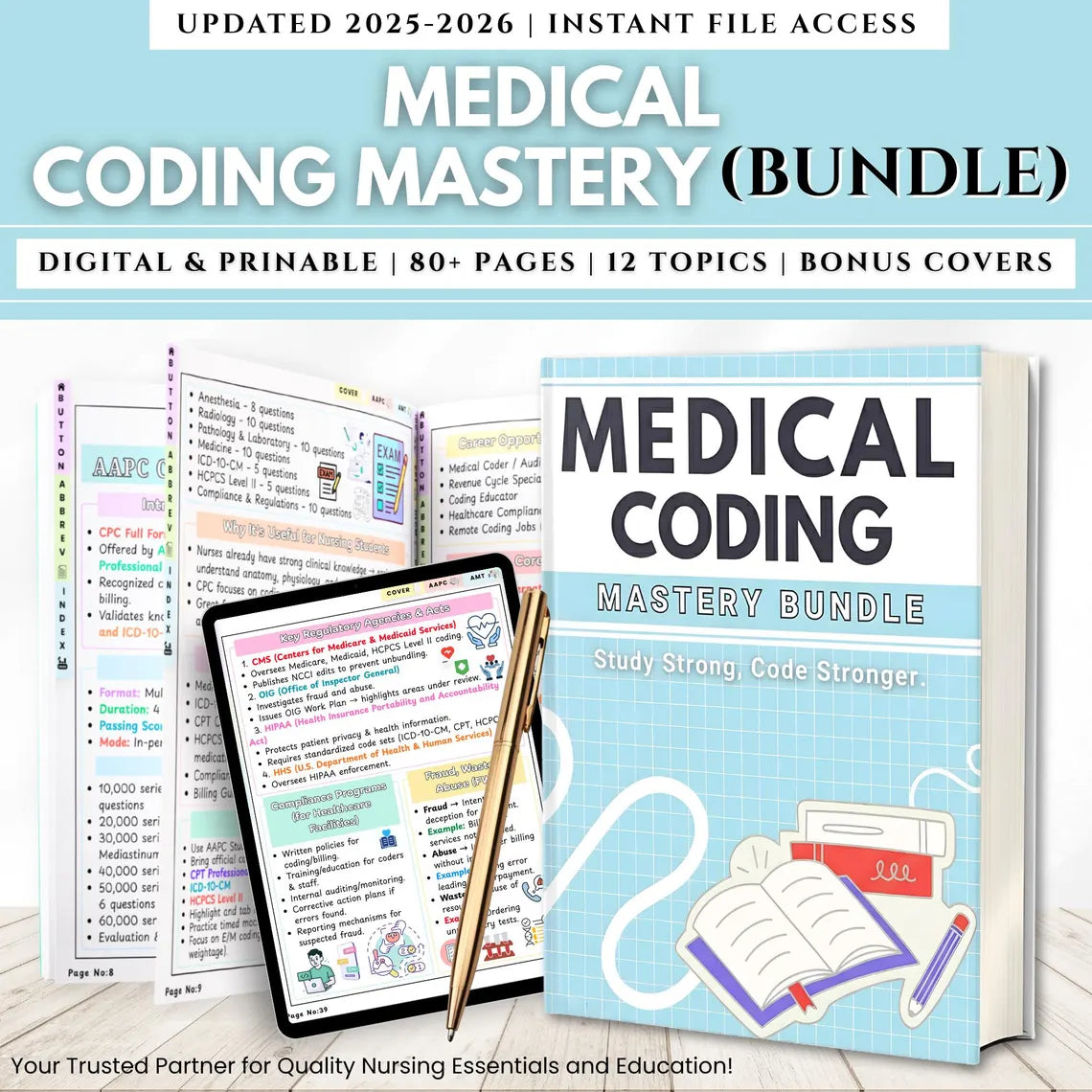 Medical Coding Study Guide Bundle, Nursing study notes, ICD-10 & CPT Reference Sheets, 80+ Pages, Anatomy Charts Printable, Digital Download