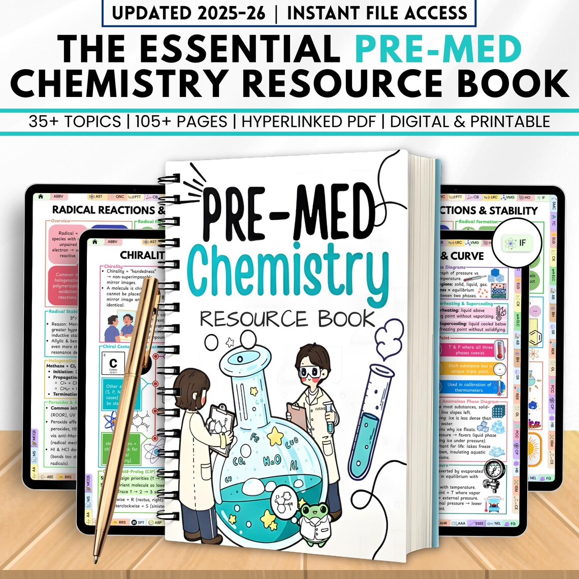 Pre-Med Chemistry Resource Book Hyperlinked | 35+ Topics | 100+ Page Study Guide PDF | Digital & Printable Chemistry Notes, Nursing Study