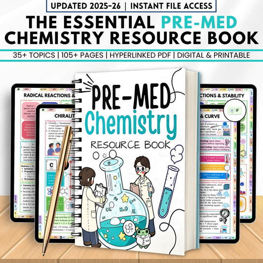 Pre-Med Chemistry Resource Book Hyperlinked | 35+ Topics | 100+ Page Study Guide PDF | Digital & Printable Chemistry Notes, Nursing Study