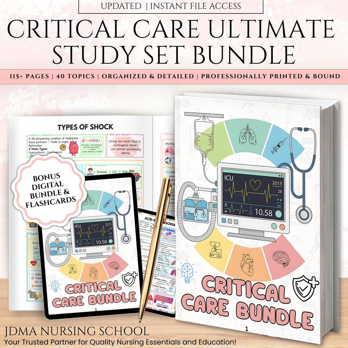 Critical Care Nursing Book | ICU Study Guide Physical Book | 115+ Pages ICU Nurse Guide | Nursing Student Gift