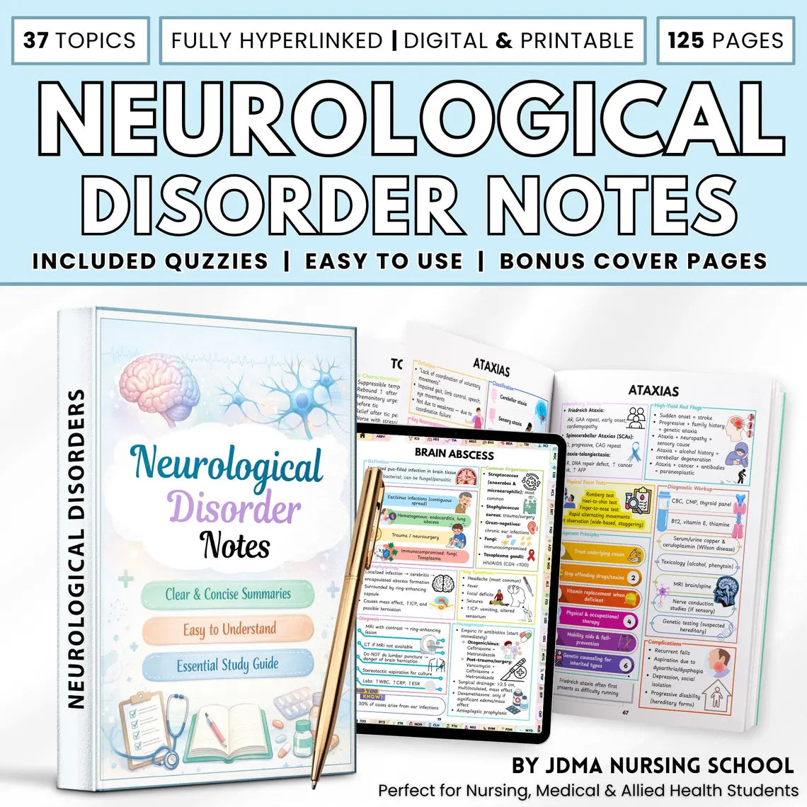 Neurology Study Guide | Nursing Student Resources | Neurological Disorders Notes | 120+ Page Digital & Printable PDF