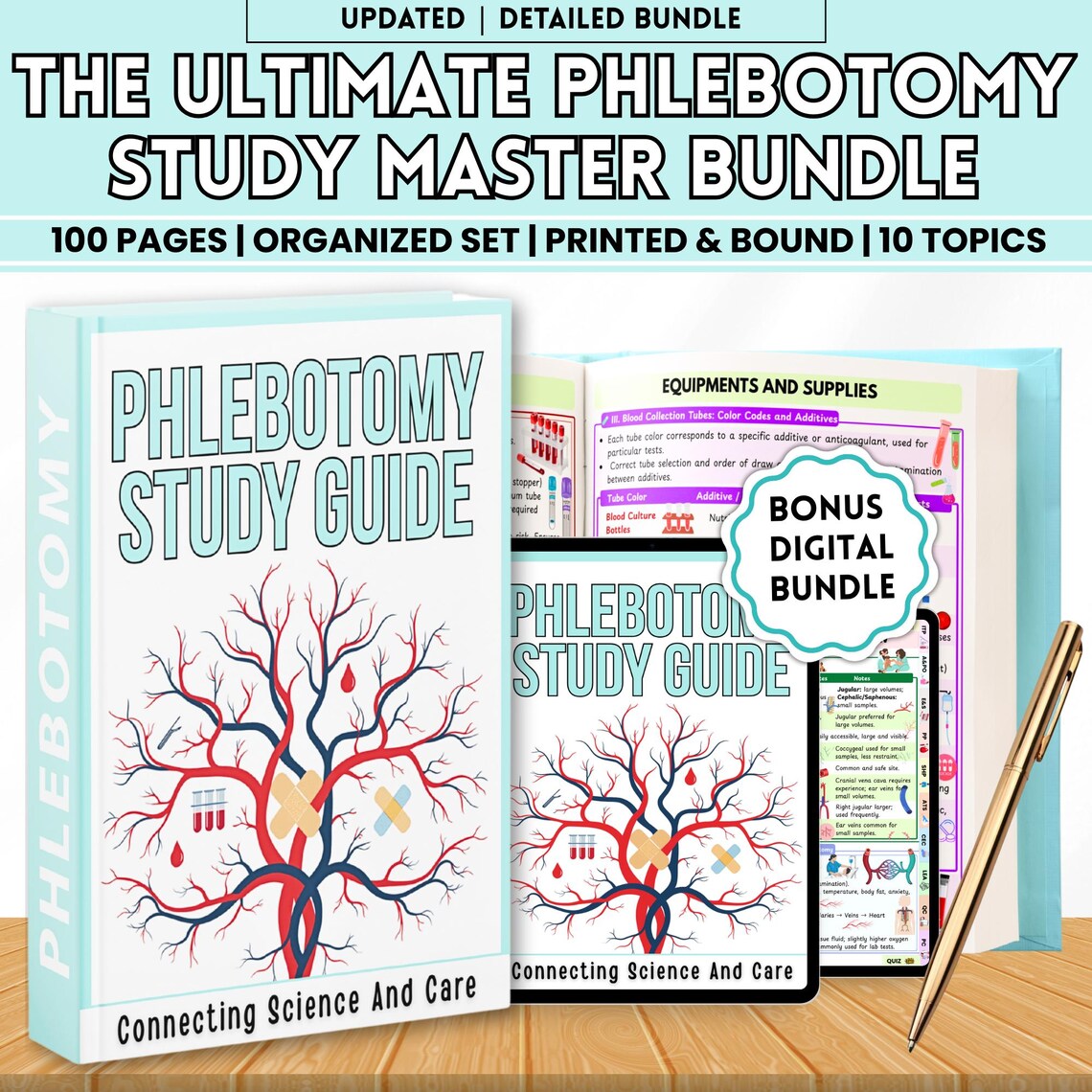 Phlebotomy Study Guide Physical Book | Blood Draw & Nursing Study Aid | Lab Technician Training Book | 100+ Pages | Quizzes Included