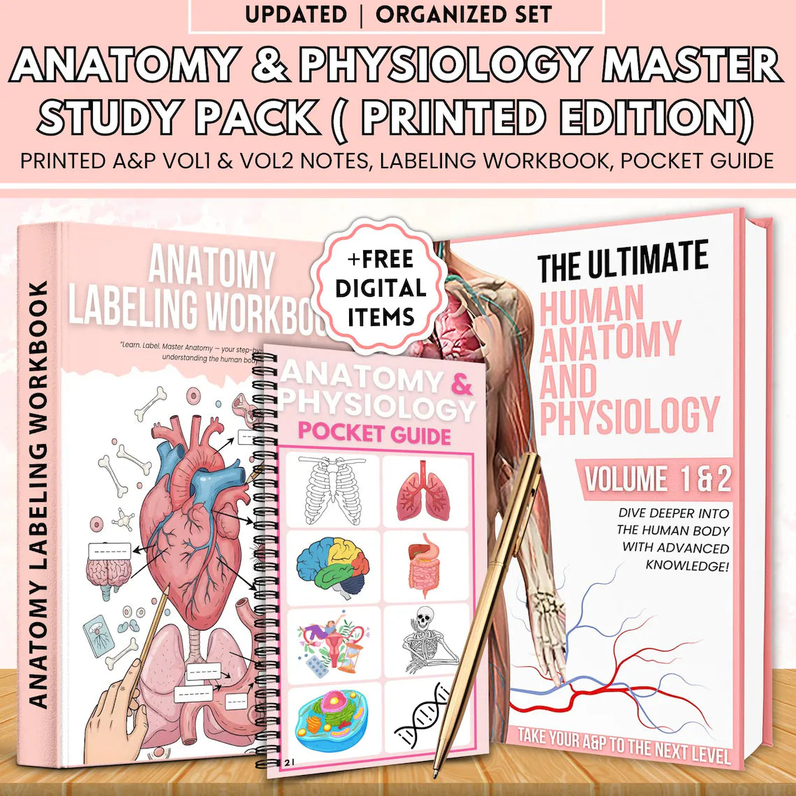Anatomy and Physiology Master Study Pack | Printed A&P Vol 1 and 2 Pocket Guides + Labeling Workbook | Nursing Mega Bundle