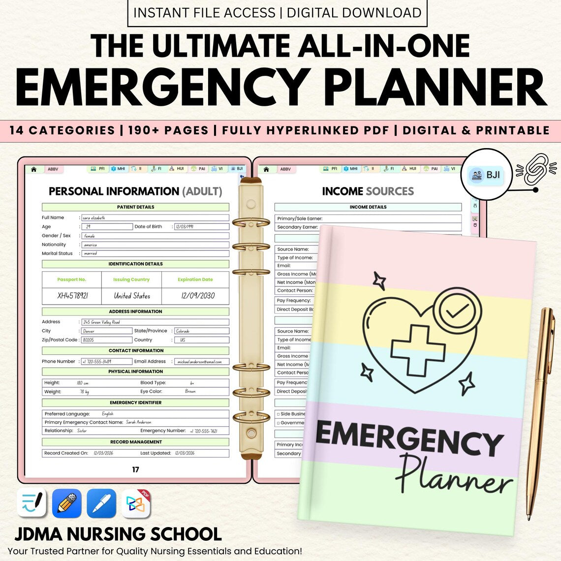 Emergency Planner Printable | Family Life Organizer | Medical Financial Contacts Planner | Emergency Binder PDF | Digital Download