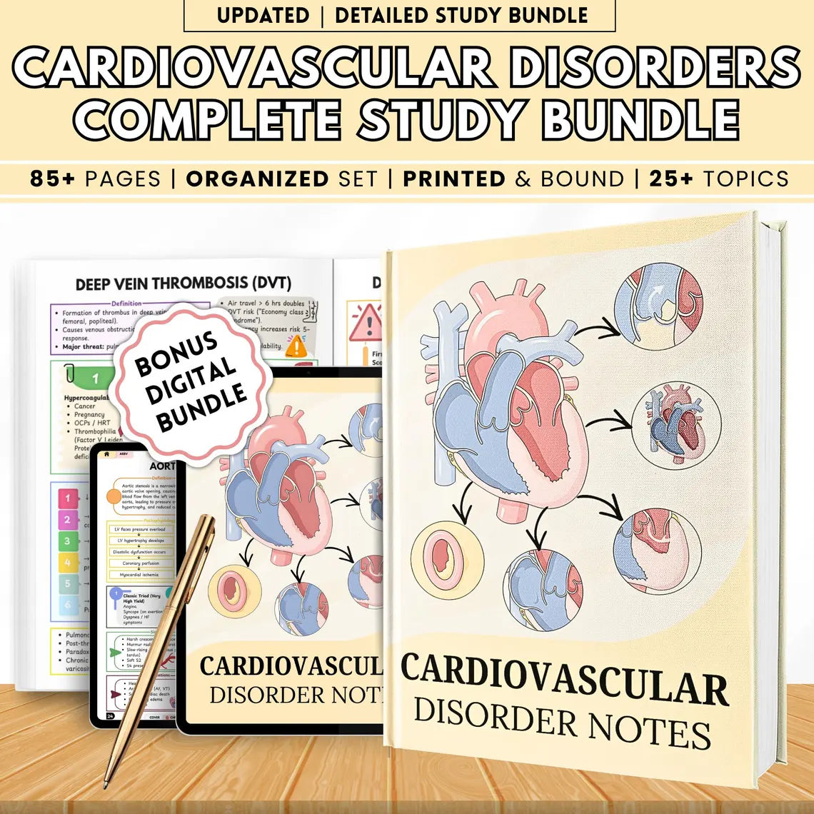 Cardiovascular Disorders Study Bundle | 85+ Pages Nursing Notes PDF + Printed Book | Cardio Cheat Sheets, Quizzes, NCLEX Prep
