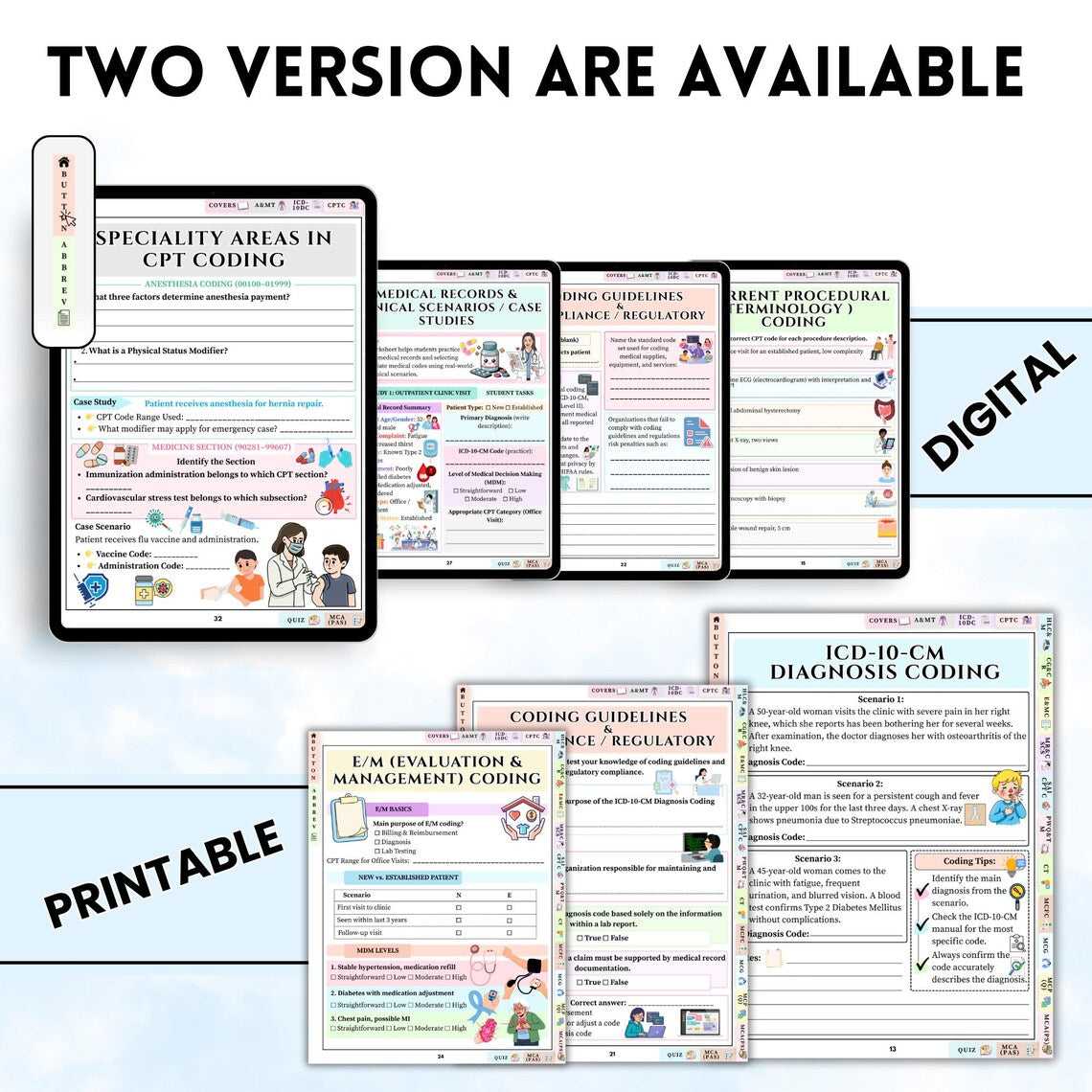 Medical Coding Practice Worksheets, icd-10-cm CPT HCPCS Study Pack, Hyperlinked Printable PDF, 80+ Sheets Digital Download