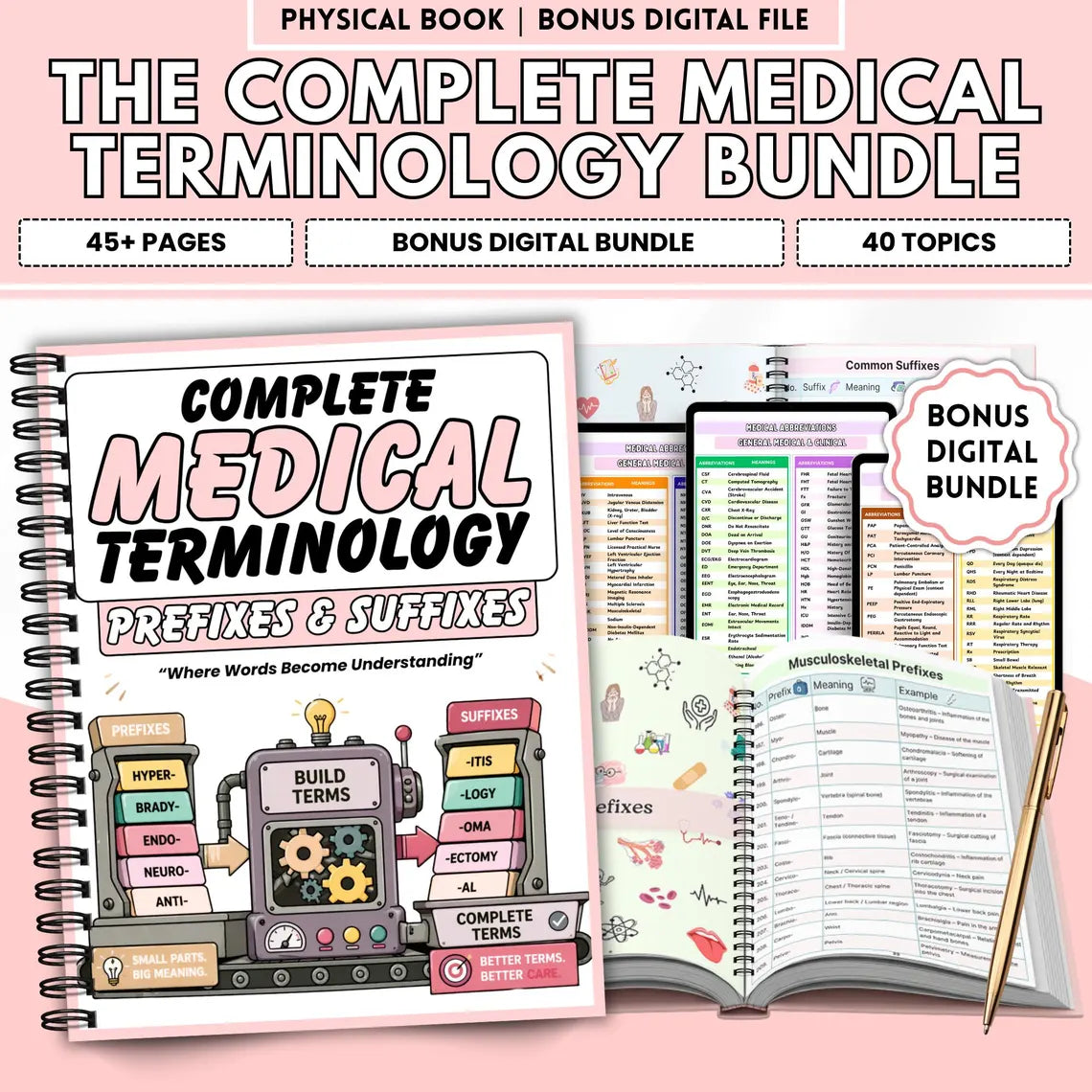 Complete Medical Terminology Bundle | Prefixes & Suffixes Study Guide | Nursing Medical Students | Physical Book + Free Gift Digital PDF