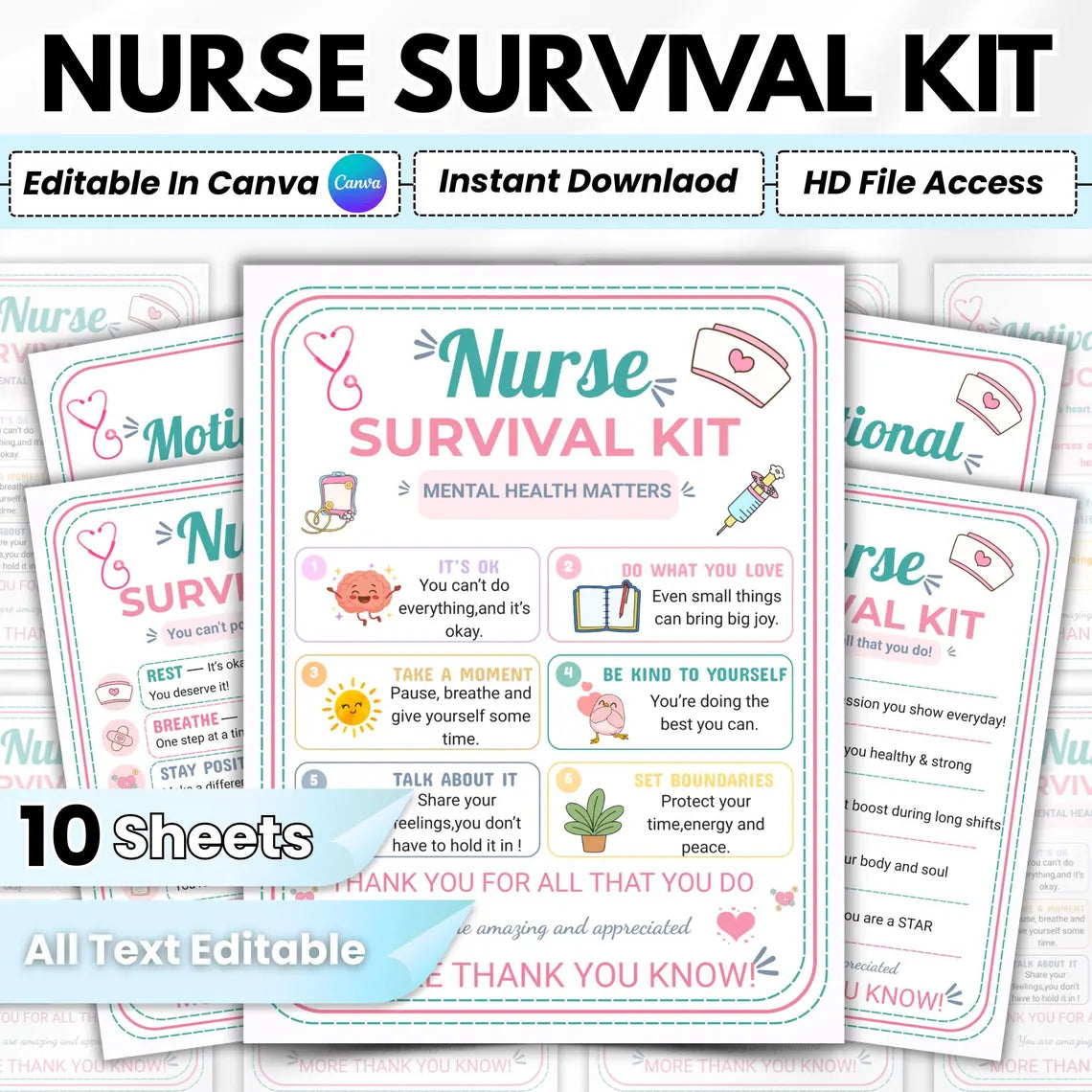 Nurse Survival Kit Printable | Editable Nurse Appreciation Gift | Nursing Thank You Card | Hospital Staff Appreciation | Instant Download