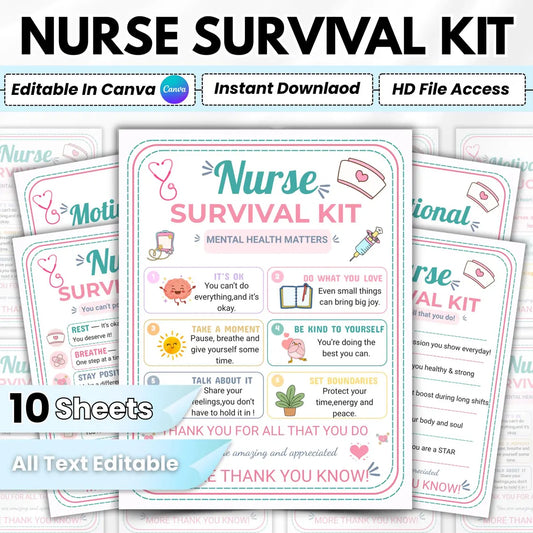 Nurse Survival Kit Printable | Editable Nurse Appreciation Gift | Nursing Thank You Card | Hospital Staff Appreciation | Instant Download