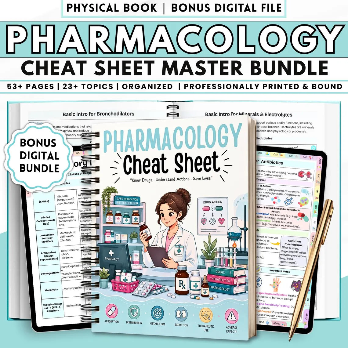 Pharmacology Cheat Sheet Book for Nursing Students, Medication Study Notes, Spiral Bound Physical Book