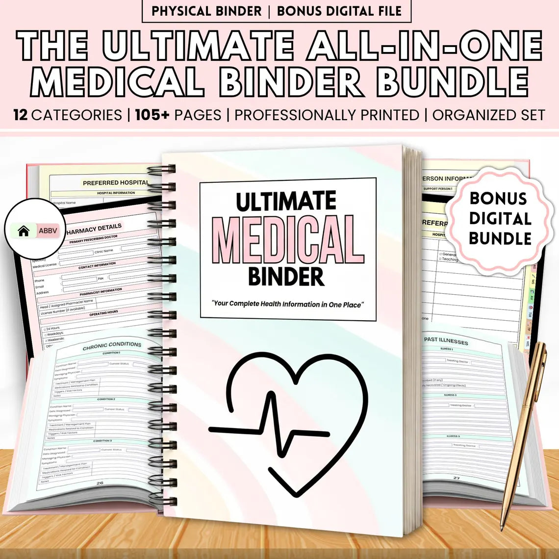 Ultimate Medical Binder Book | Medical Records Organizer | Family Health Planner | Emergency Information Binder | Medical History Tracker