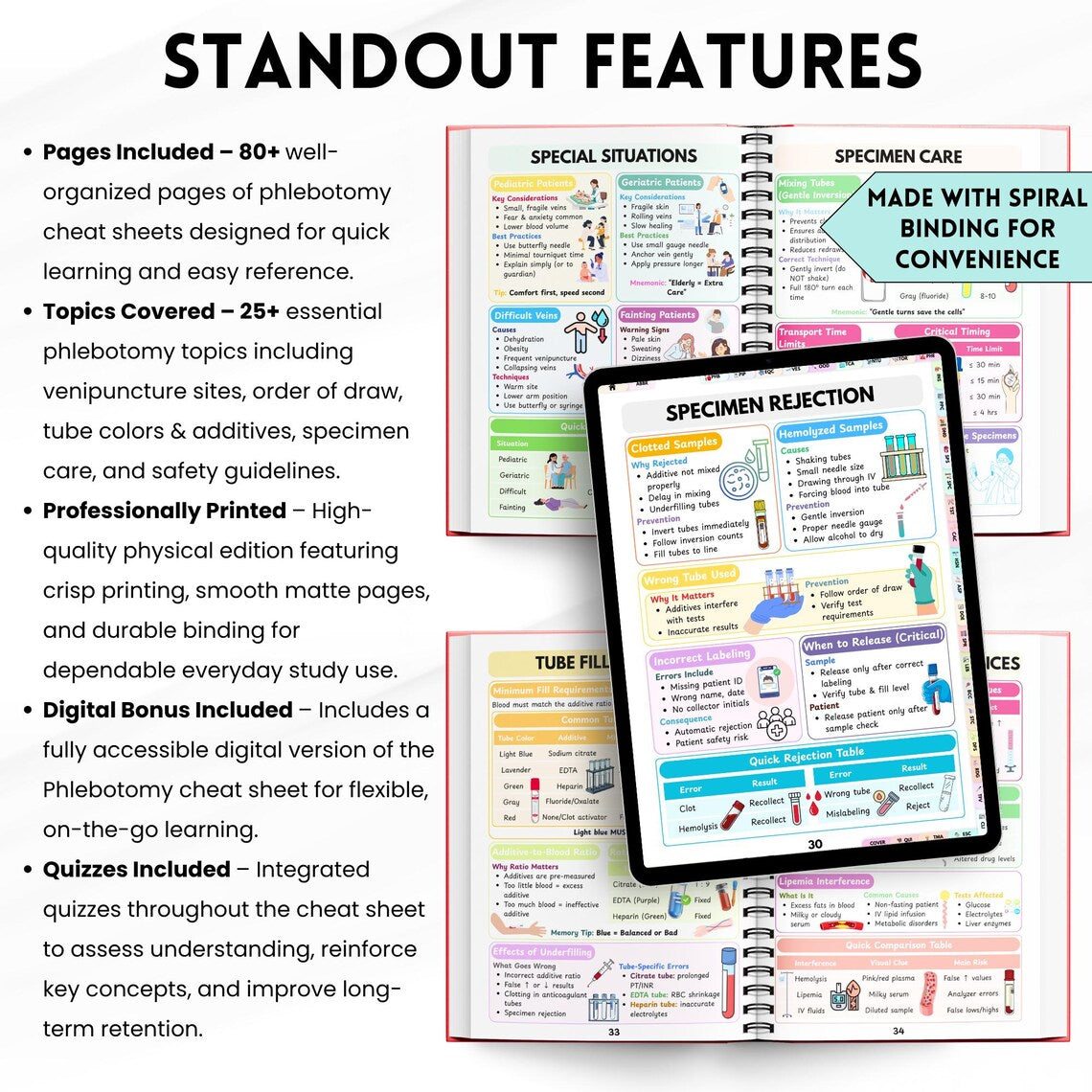 Phlebotomy Cheat Sheet Book | Order of Draw Venipuncture Quick Reference | Spiral Bound Study Guide | Nursing MLT Exam Prep | Physical Book