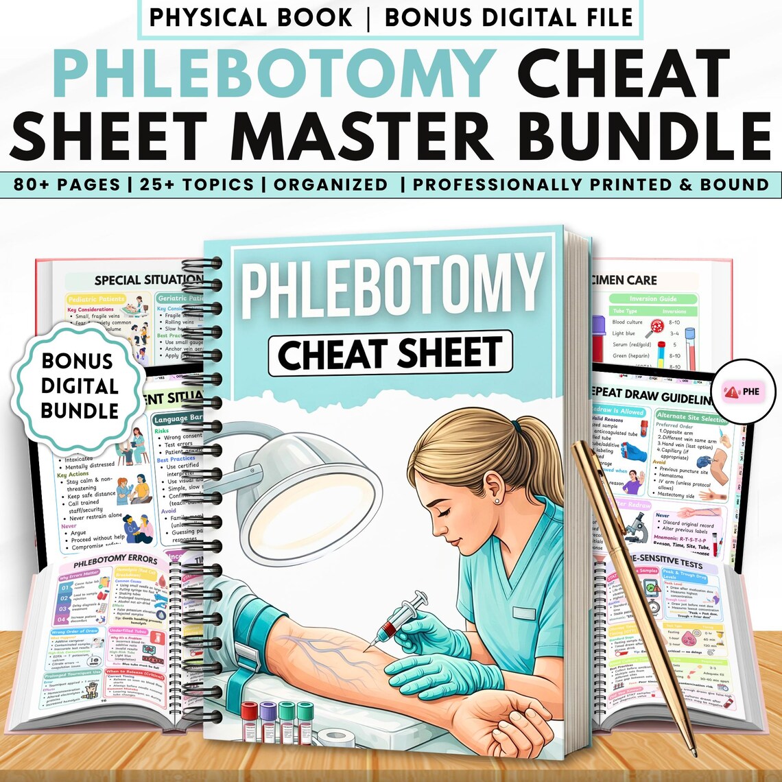 Phlebotomy Cheat Sheet Book | Order of Draw Venipuncture Quick Reference | Spiral Bound Study Guide | Nursing MLT Exam Prep | Physical Book