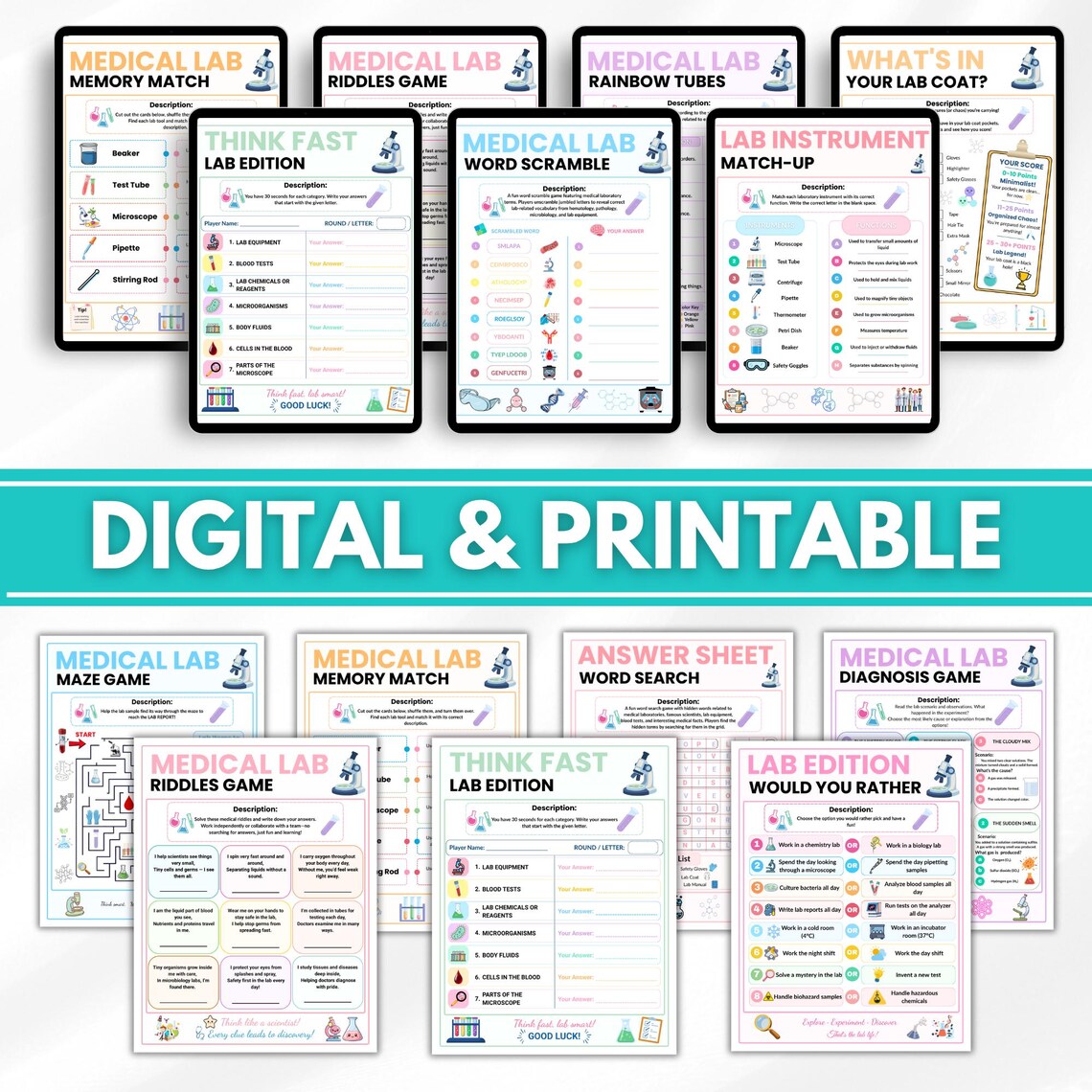 Medical Lab Week Games Bundle, 20 Printable Lab Activities, Lab Week Games, Medical Laboratory Games, Lab Week Celebration, Lab Tech Gift