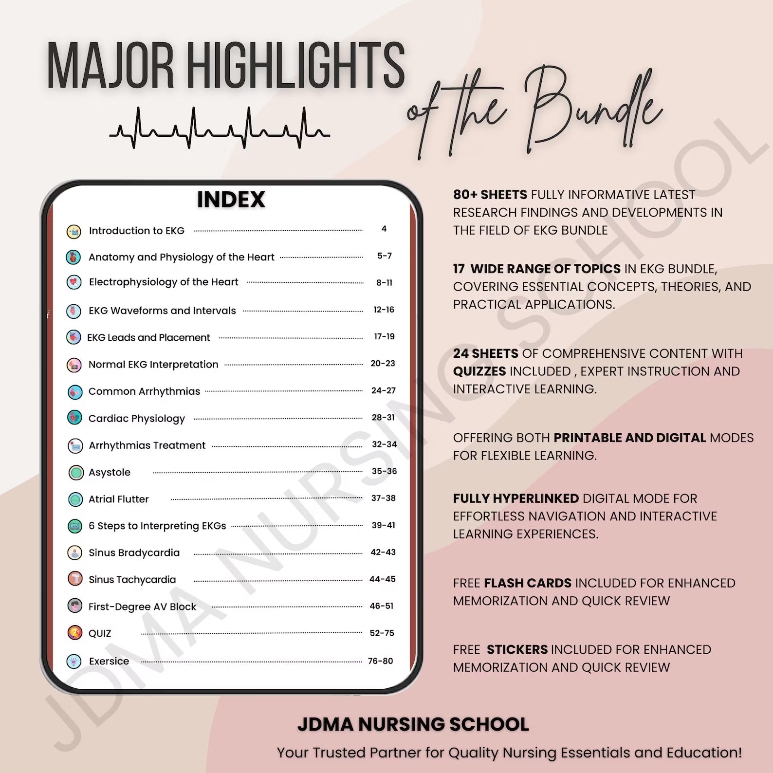 EKG Bundle Hyperlinked with Flashcards, Stickers, Quizz | Medical Nursing Study | Cardiac Study Guide | Ekg Rhythms | heart rhythms