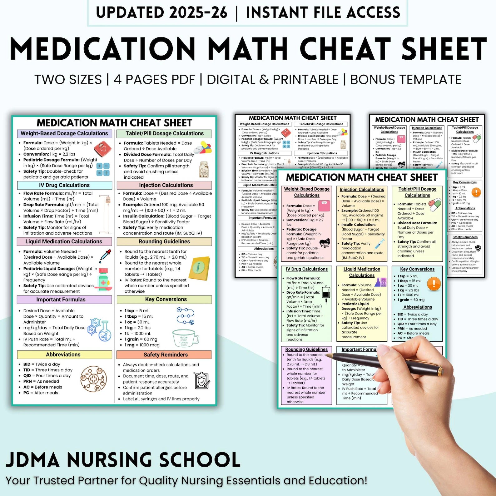 Medication Math Cheat Sheet, Bonus Medication Log, Weight Based Dosage Calculation, Medication Reference, Instant Download