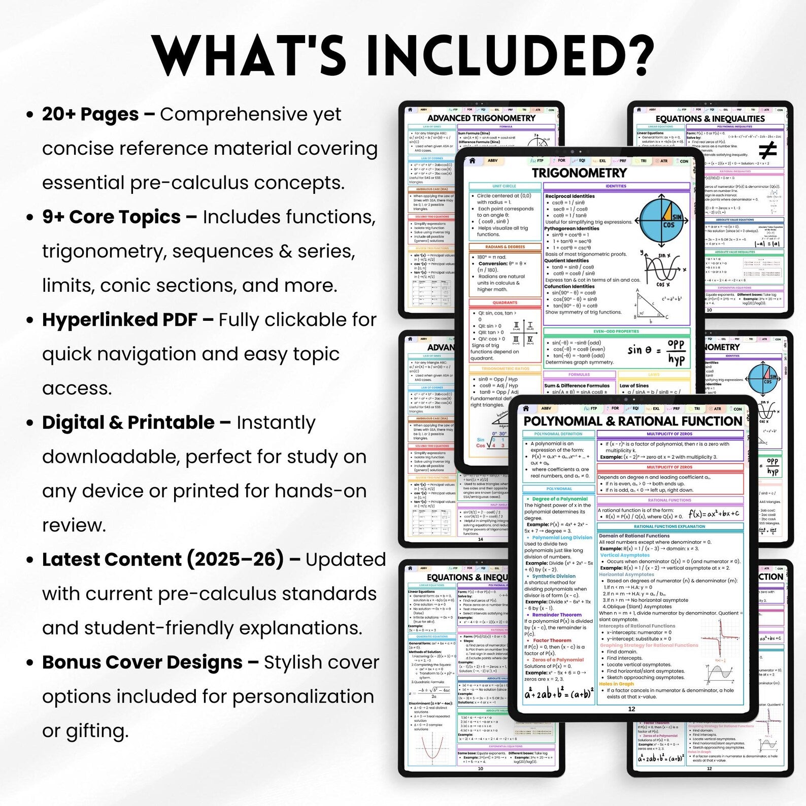 Precalculus Study Quick Guide, Trigonometry Cheat Sheet, 15+ Pdf Pages, Precalculus Formulas, Math Exam Prep, Instant PDF