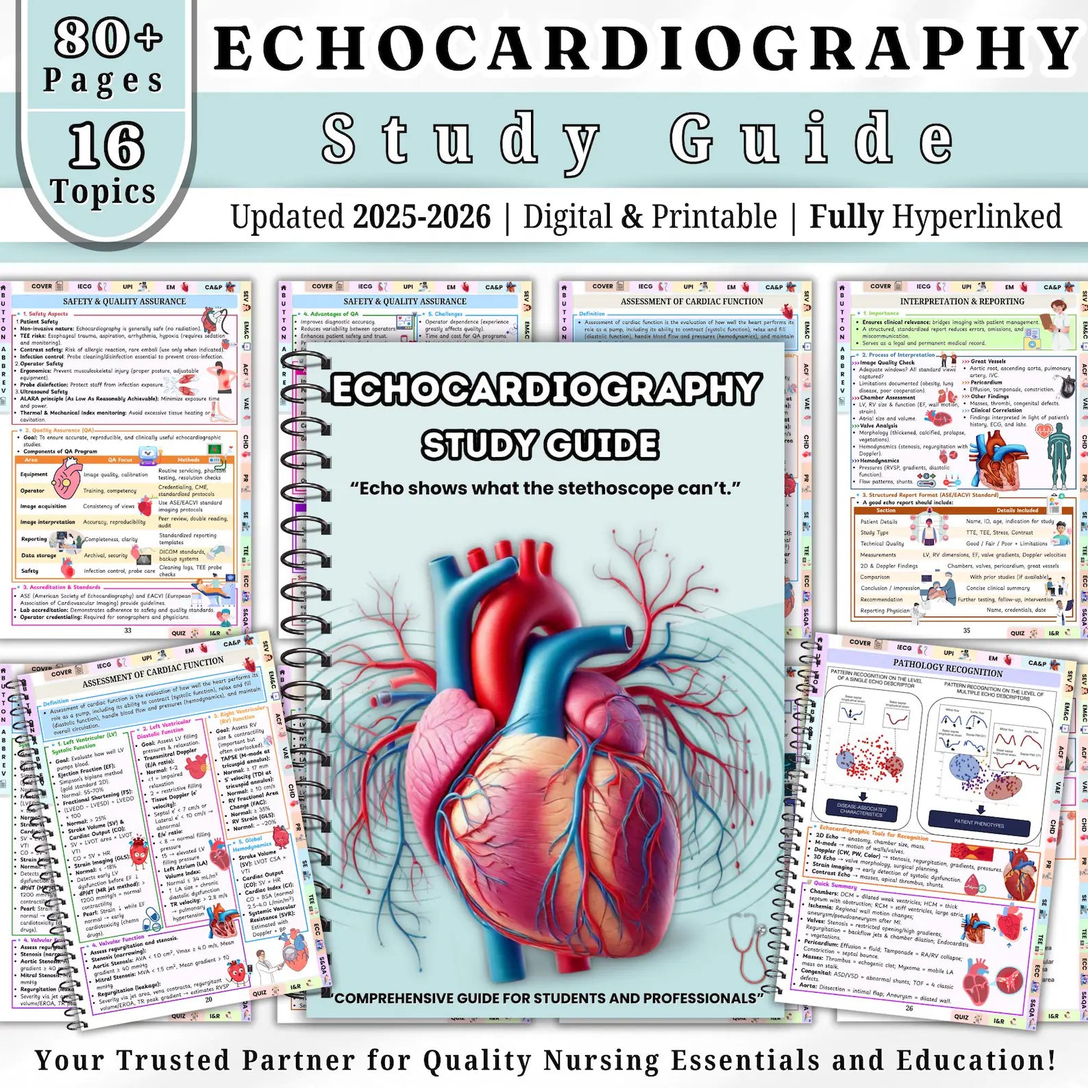 Echocardiography Study Guide, 80 Pages, Echo Student Resources, Heart Ultrasound Study Aid, Ultrasound Physics Echo Notes, Hyperlinked PDF