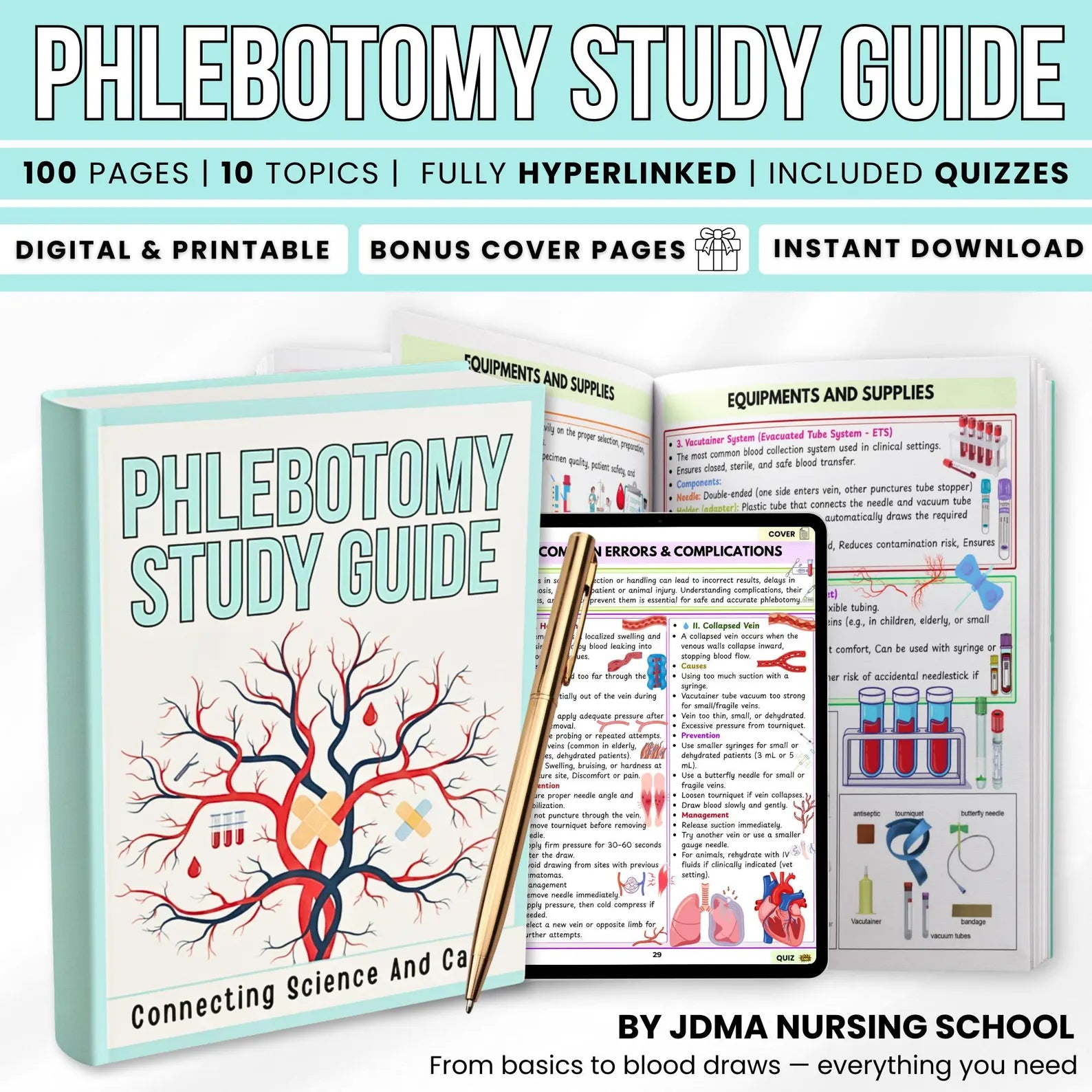 Phlebotomy Study Guide PDF | Blood Draw & Nursing Study Aid | Lab Technician Study | 100 Pages | Included Quizzes | Medical Printable