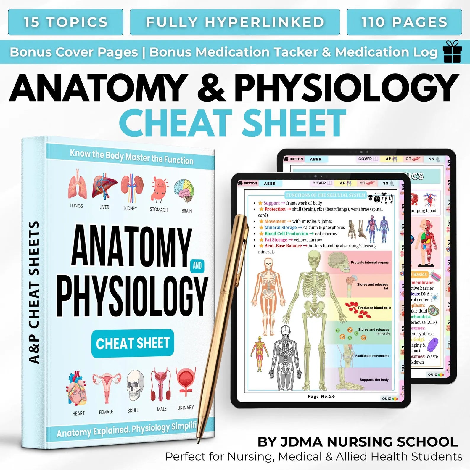Anatomy & Physiology Cheat Sheet | Anatomy and Physiology Study Guide | Nursing School Notes | Anatomy Revision | Instant Download PDF