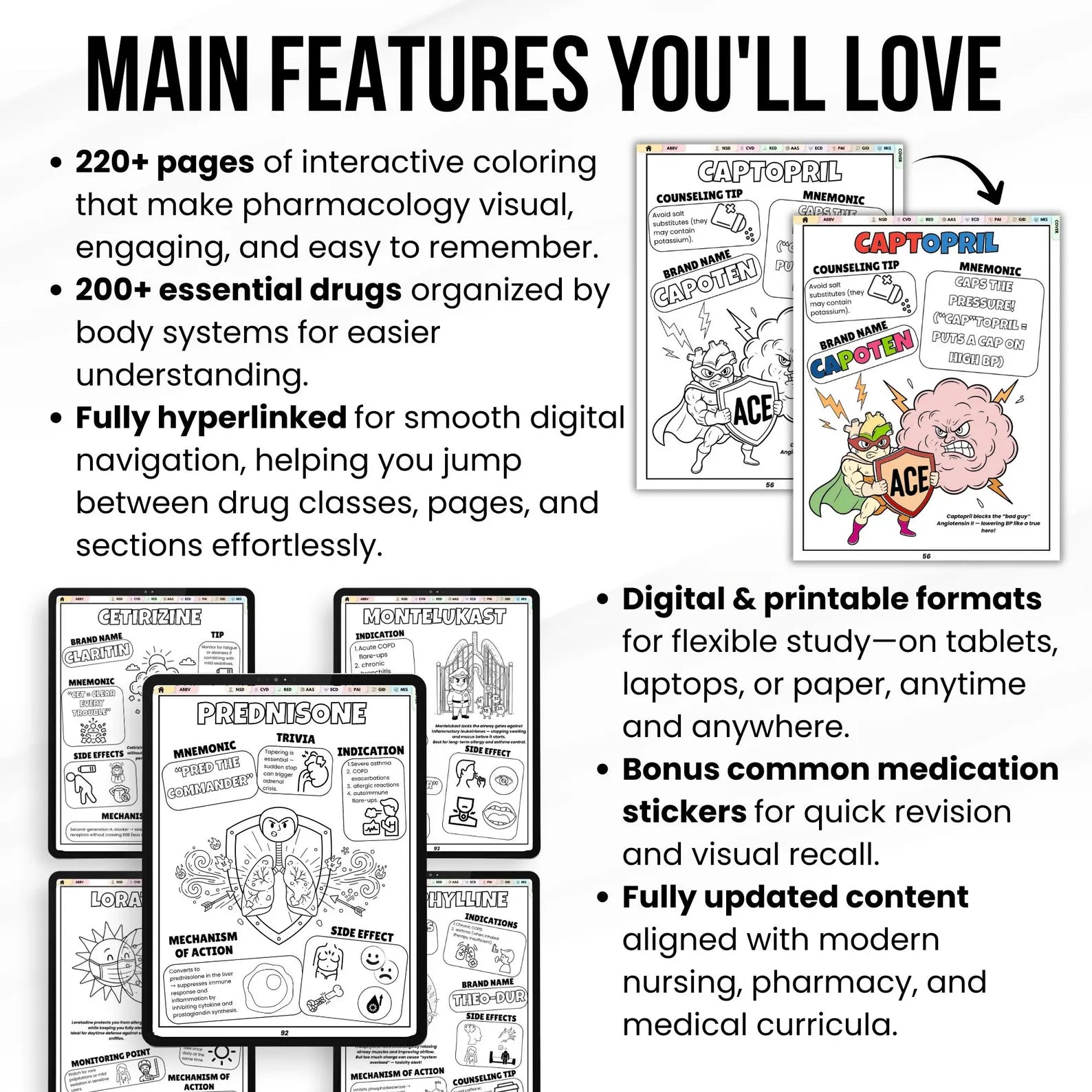 Nursing Pharmacology Coloring Book | 200+ Drugs | 220+ Page Hyperlinked PDF | Exam Prep Study Guide | Digital Download